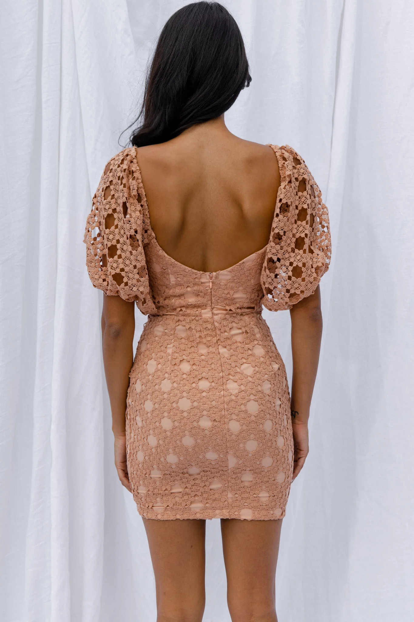 Catch Feelings Sweetheart Neckline Crochet Lace Overlay Dress Mocha - Sonourner