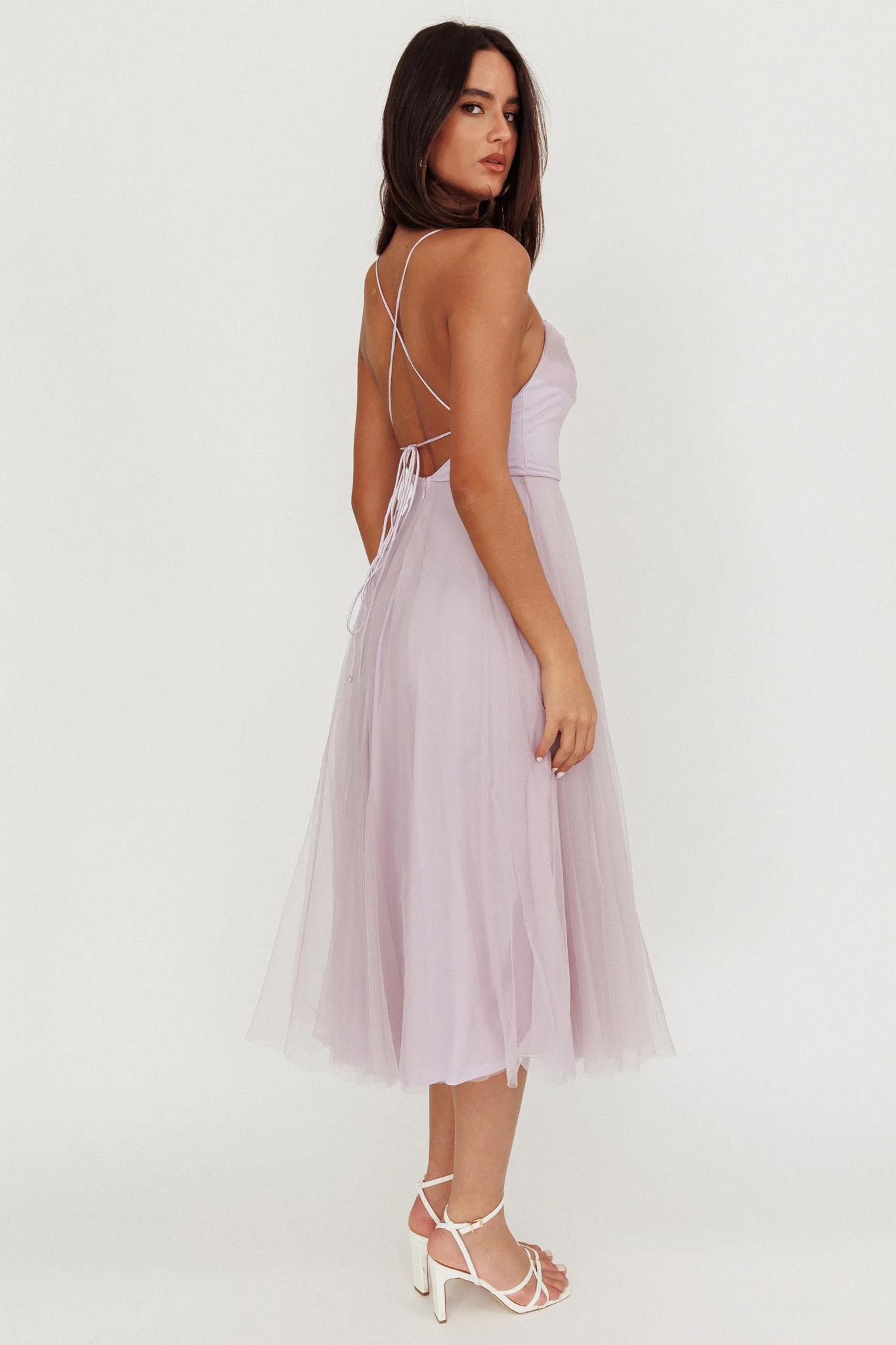 Floating By Pleated Neckline Mesh Midi Dress Lilac - Sonourner
