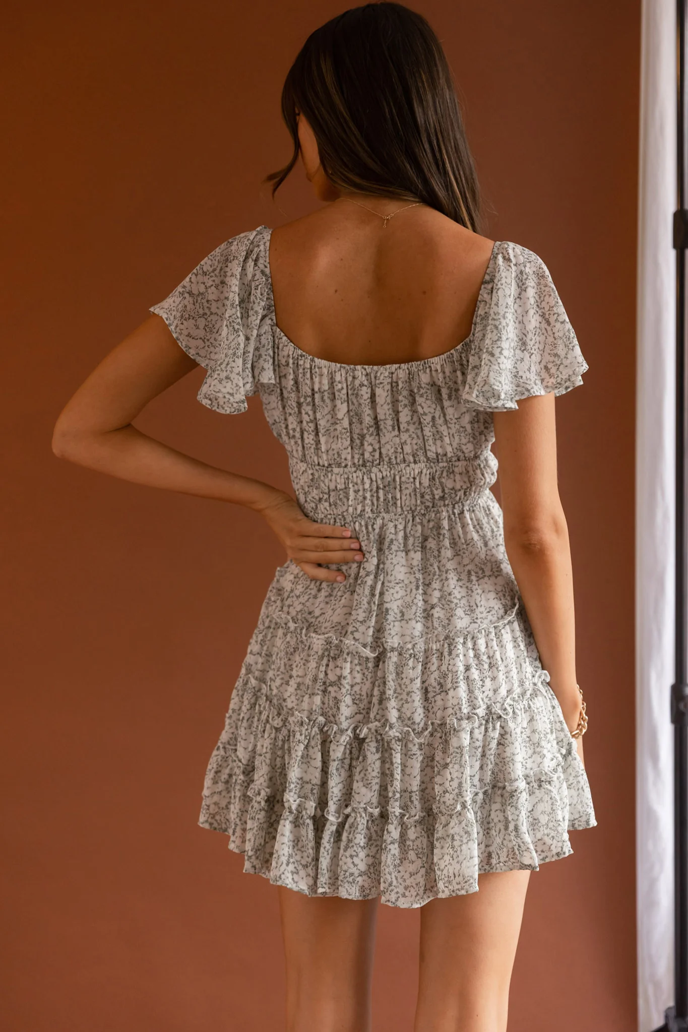 Josephina Lace-Up Front Flutter Sleeve Dress Floral Print Sage - Sonourner