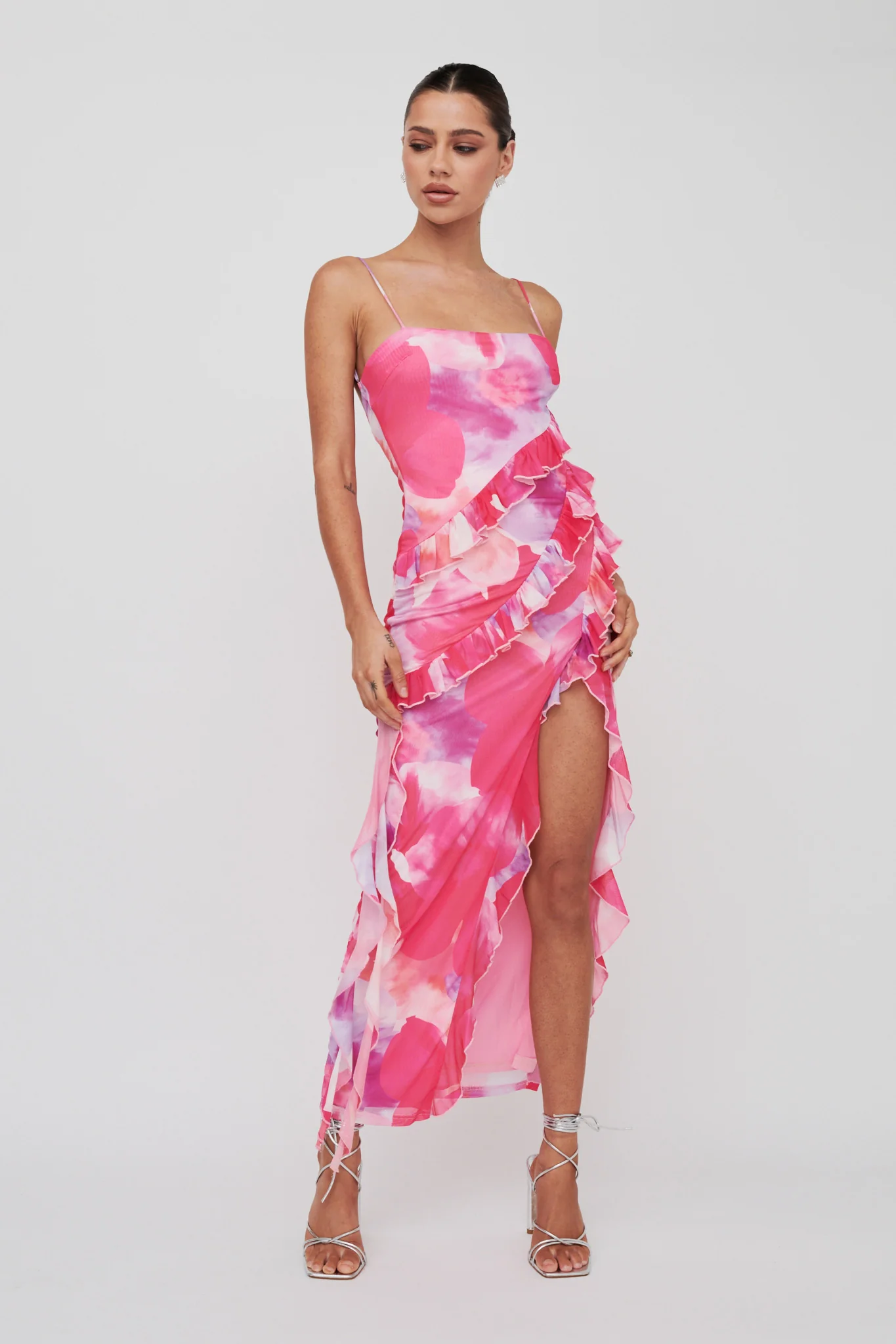 Crush On You Split Ruffle Midi Dress Pink - Sonourner