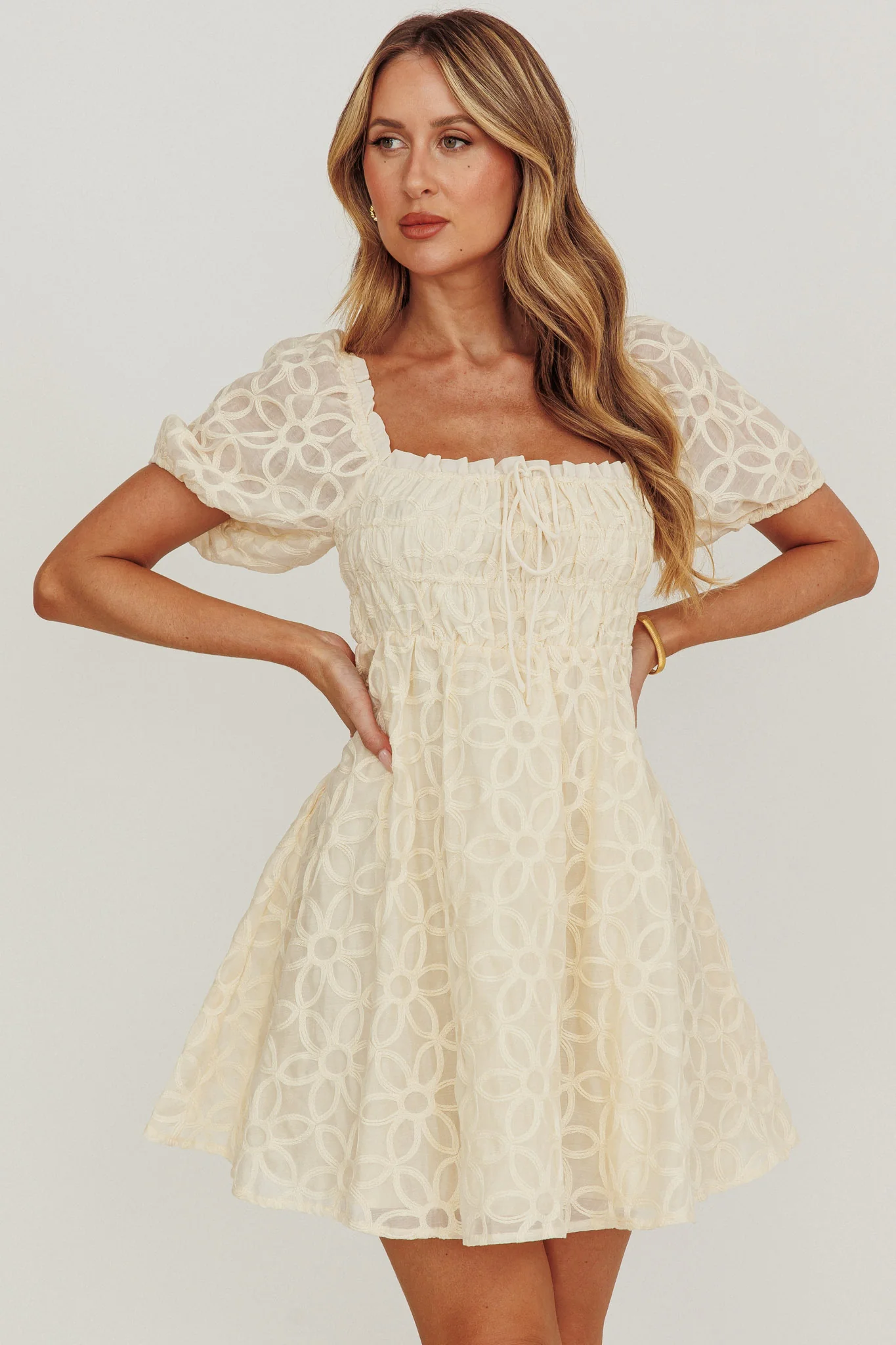 Dandelions Puff Sleeves A-Line Mini Dress Cream - Sonourner