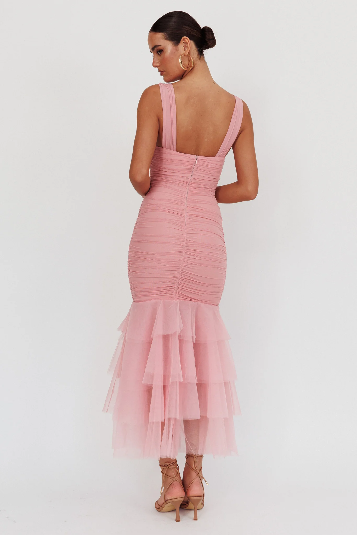 Nadia Tulle Hem Ruched Maxi Dress Pink - Sonourner