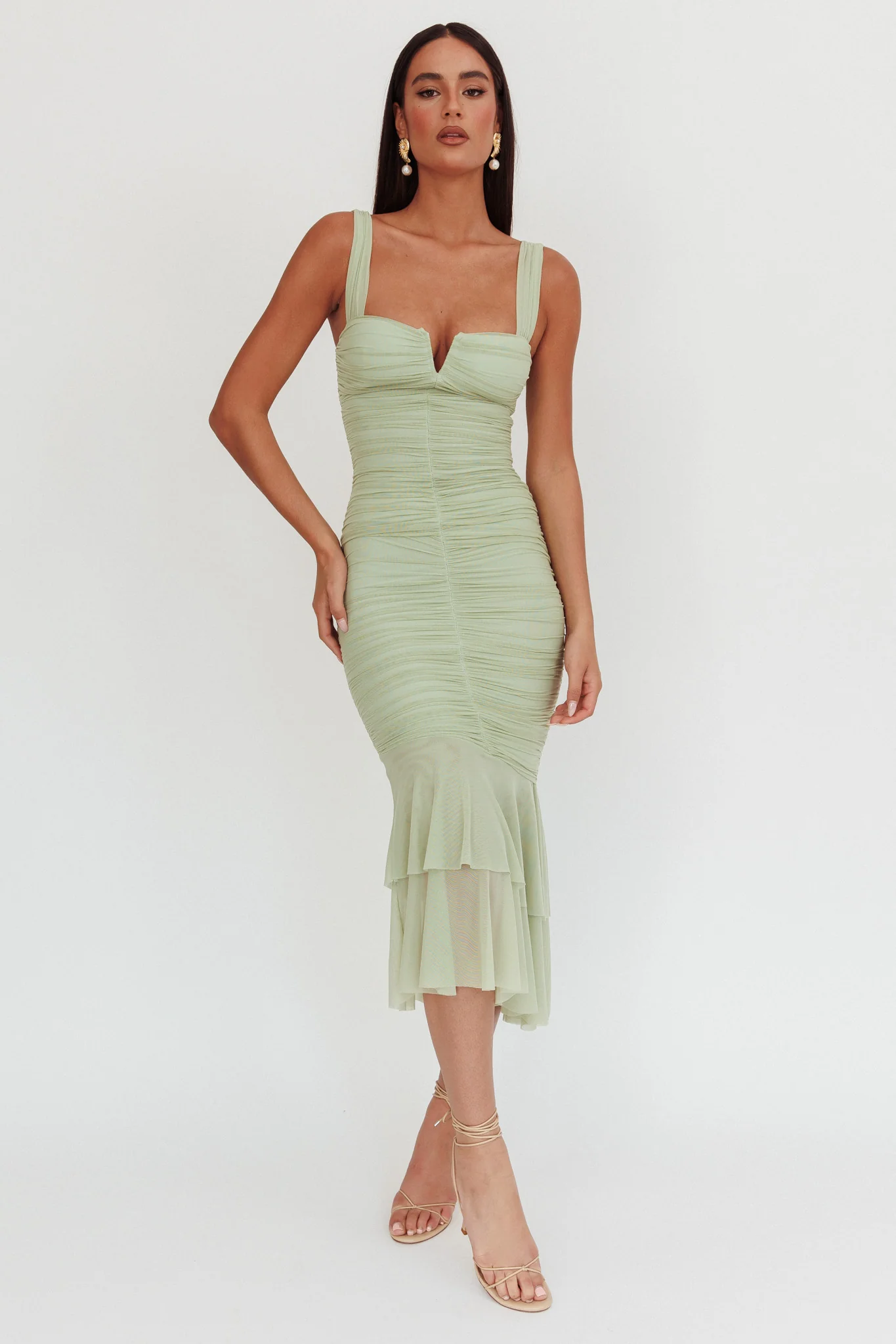Nadia Ruched Fishtail Maxi Dress Pistachio - Sonourner