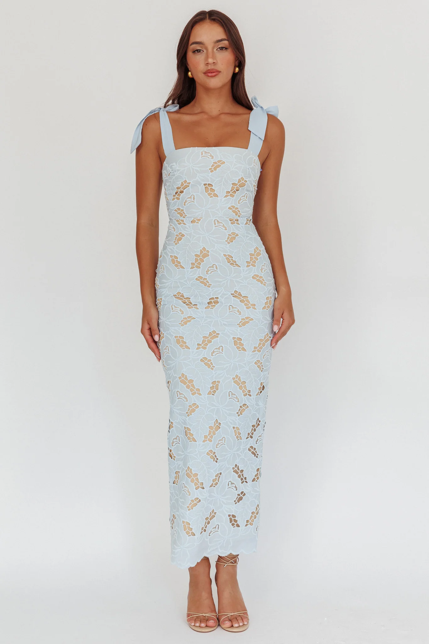 Coastal Bloom Tied Shoulder Maxi Dress Embroidered Baby Blue - Sonourner