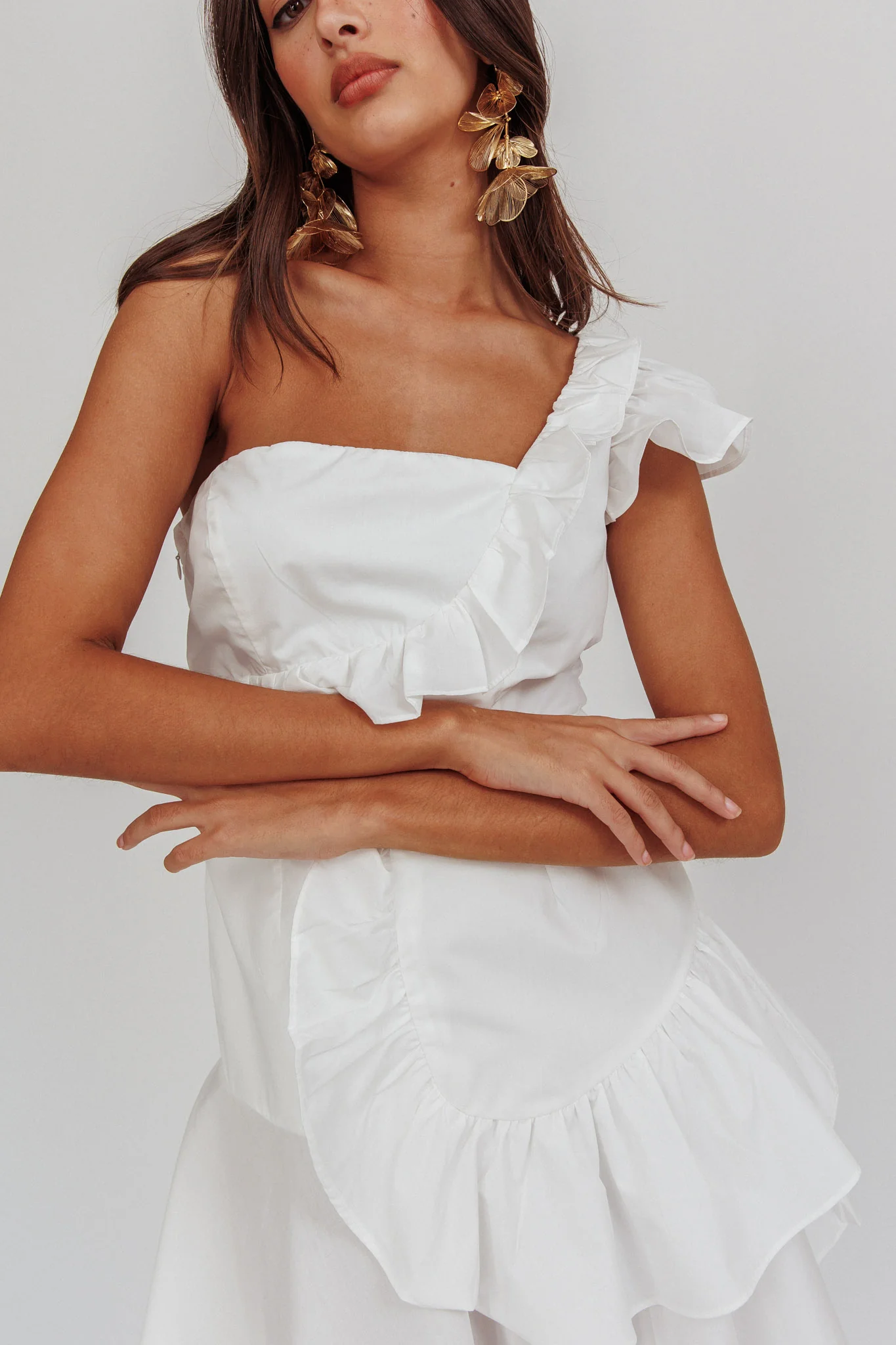 Koko One-Shoulder Ruffle Mini Dress White - Sonourner