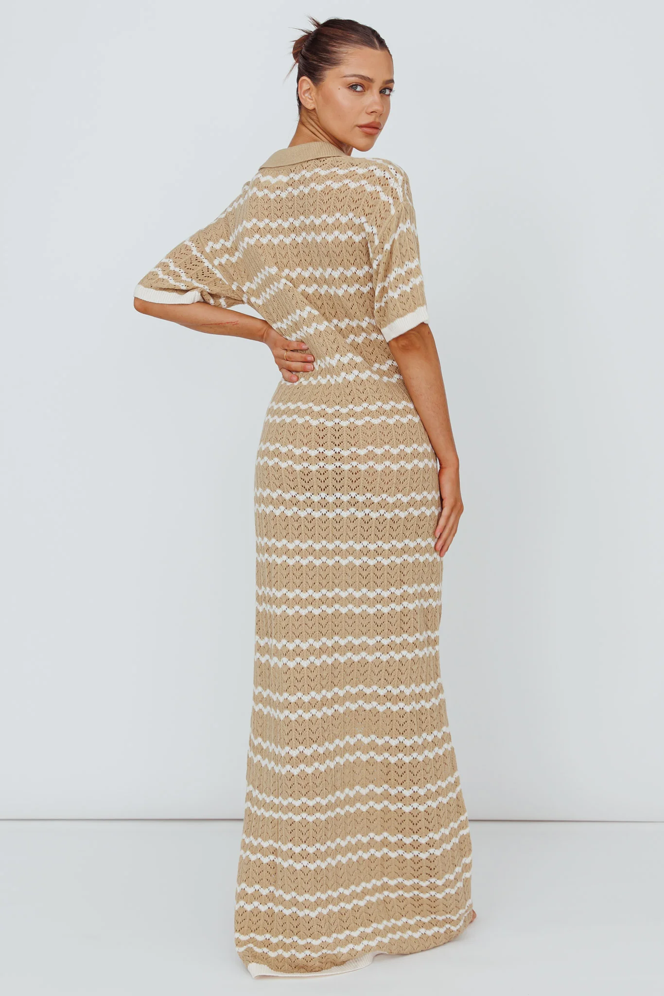 Clearwater Crochet Short Sleeve Maxi Dress Beige/White - Sonourner