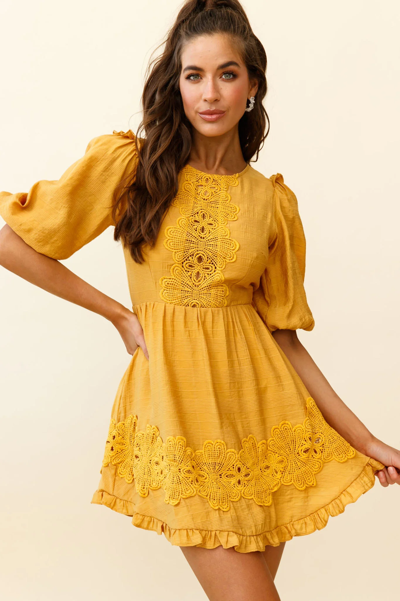 Sunday Morning Applique Embellished Open Back Dress Yellow - Sonourner