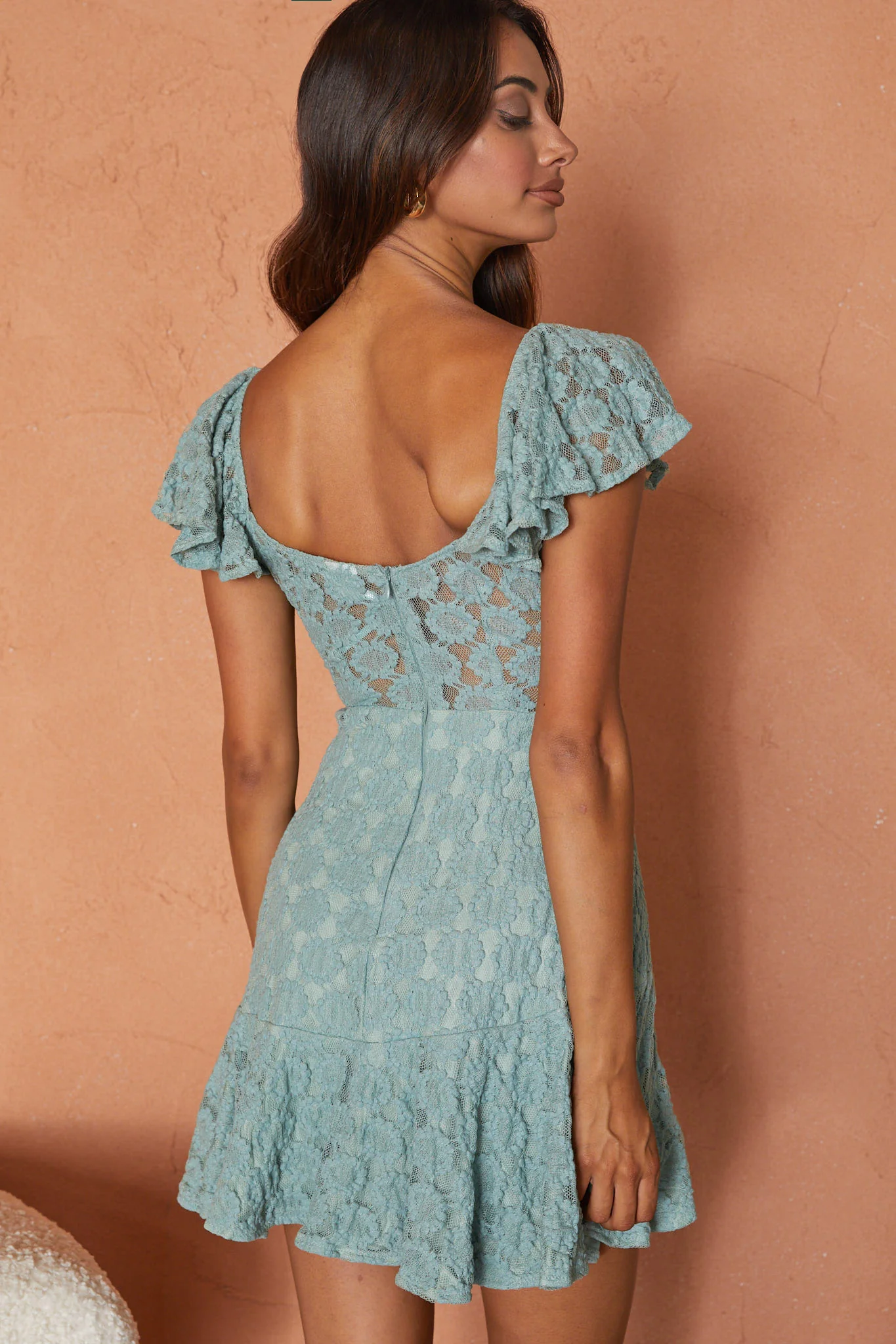 Secret Crush Flutter Sleeve Floral Lace Ruffle Hem Dress Mint - Sonourner