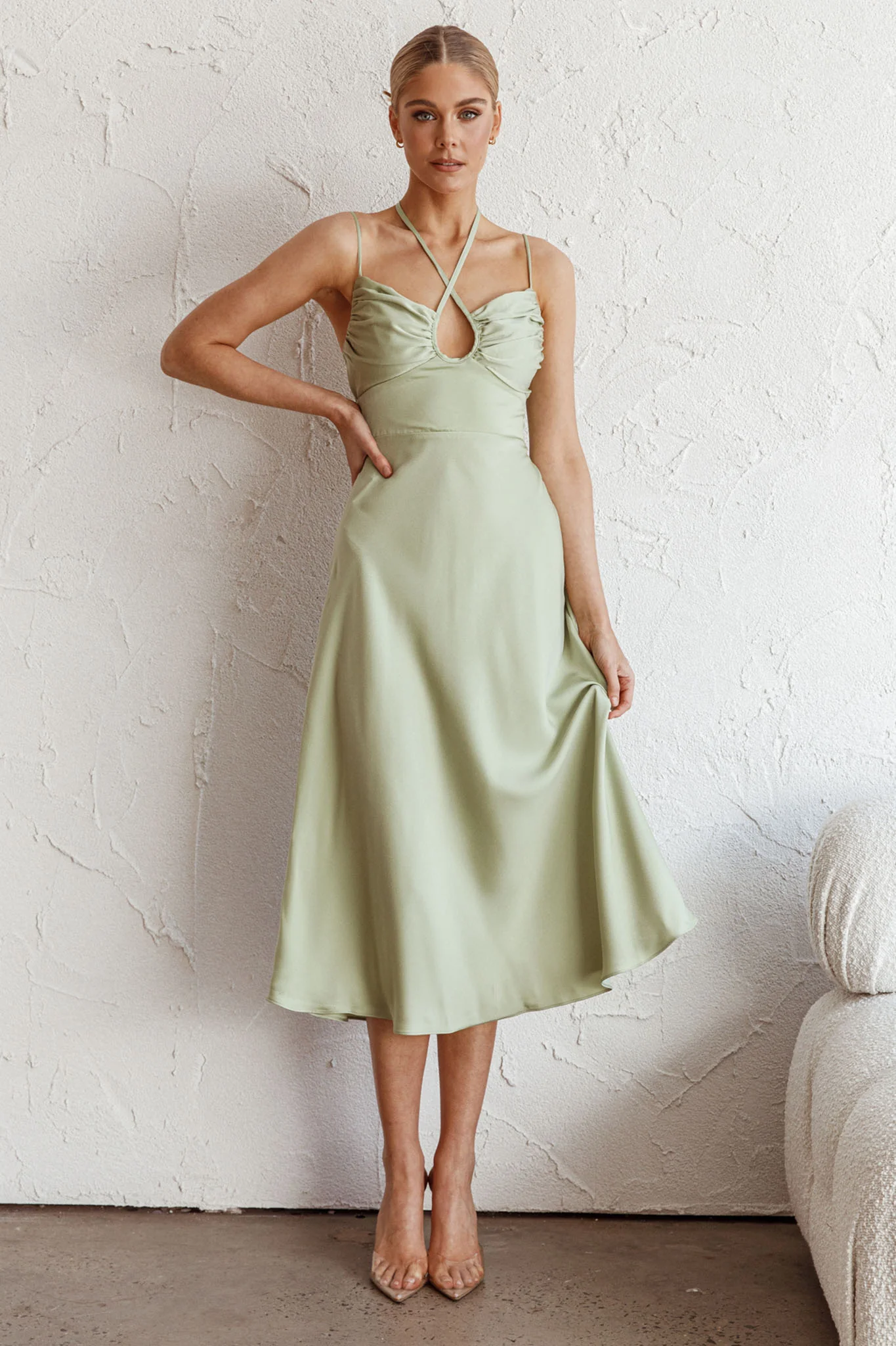 Emmalie Satin Midi Dress Sage - Sonourner