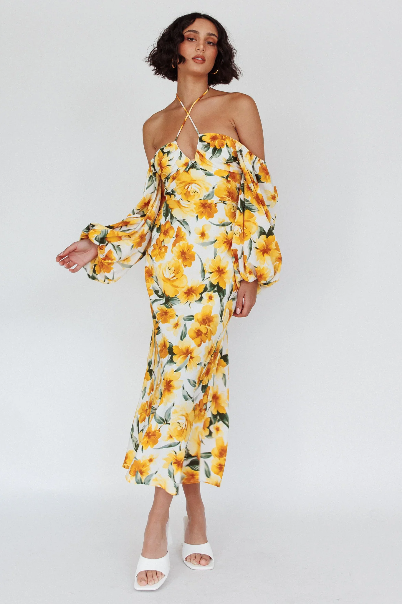 Nyree Long Sleeve Midi Dress Flowers Yellow - Sonourner