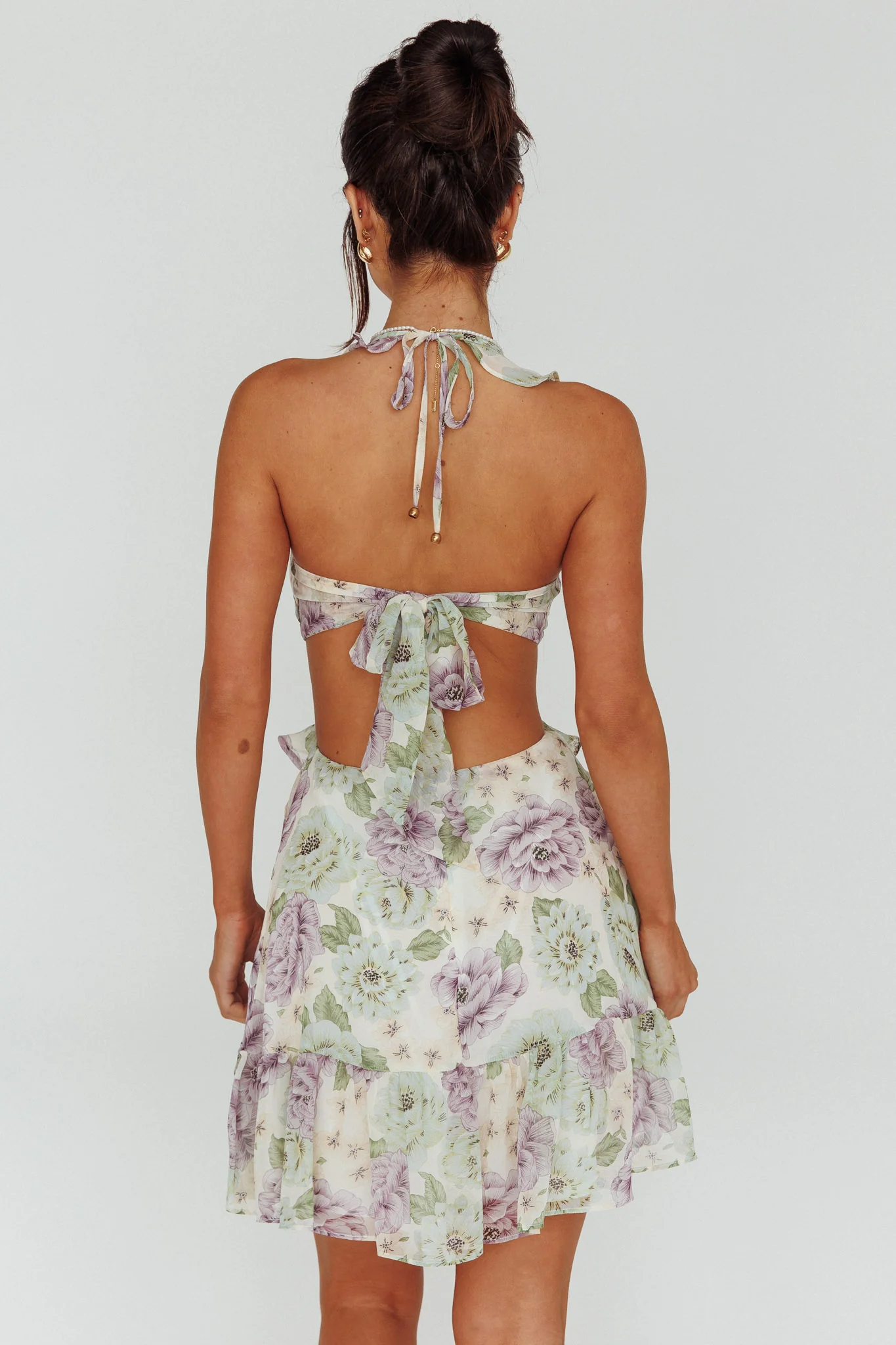 Violette Ruffle Strap Cut-Out Mini Dress Floral White - Sonourner