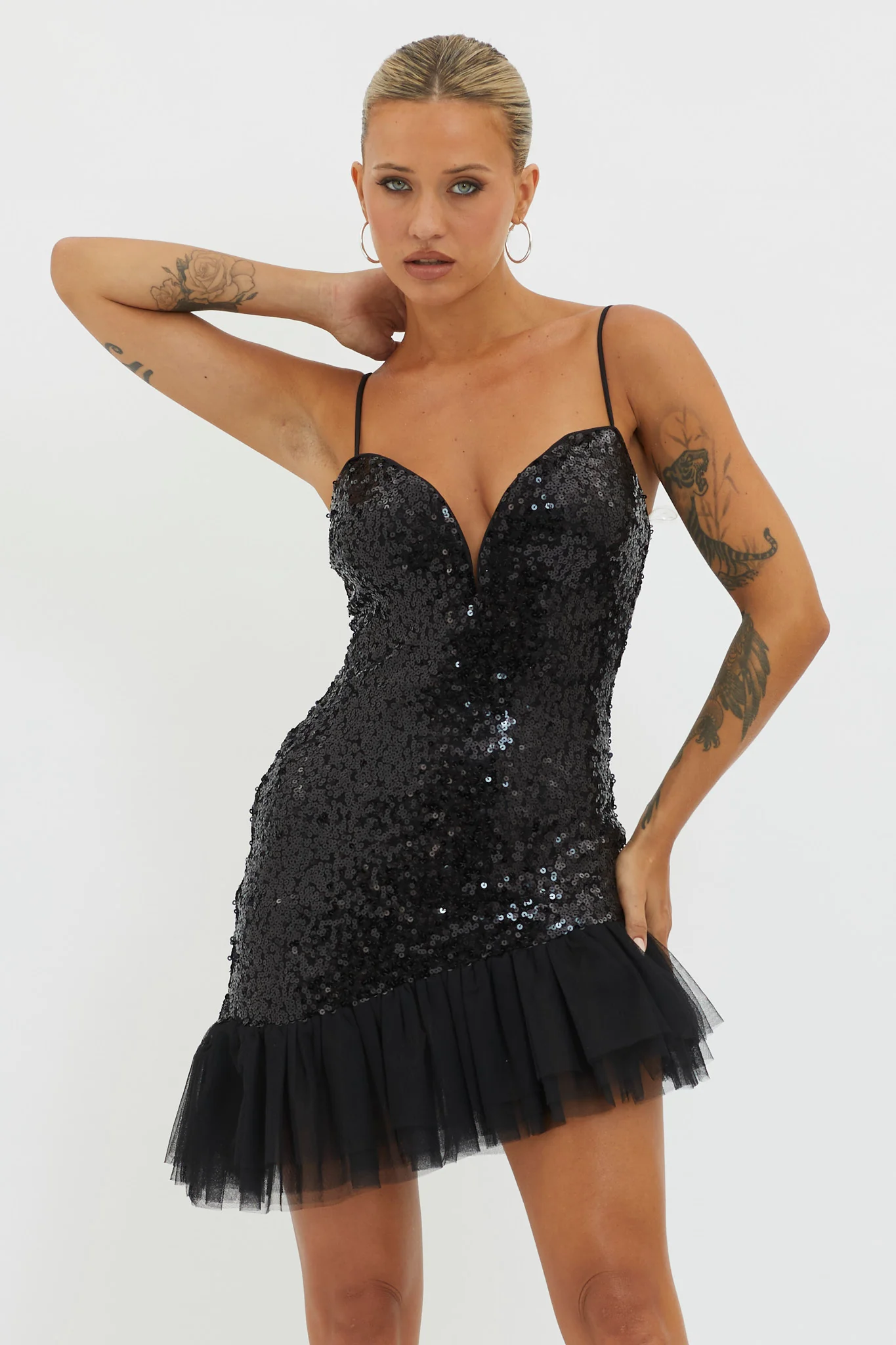 Sassafras Tulle Hem Sequin Mini Dress Black - Sonourner