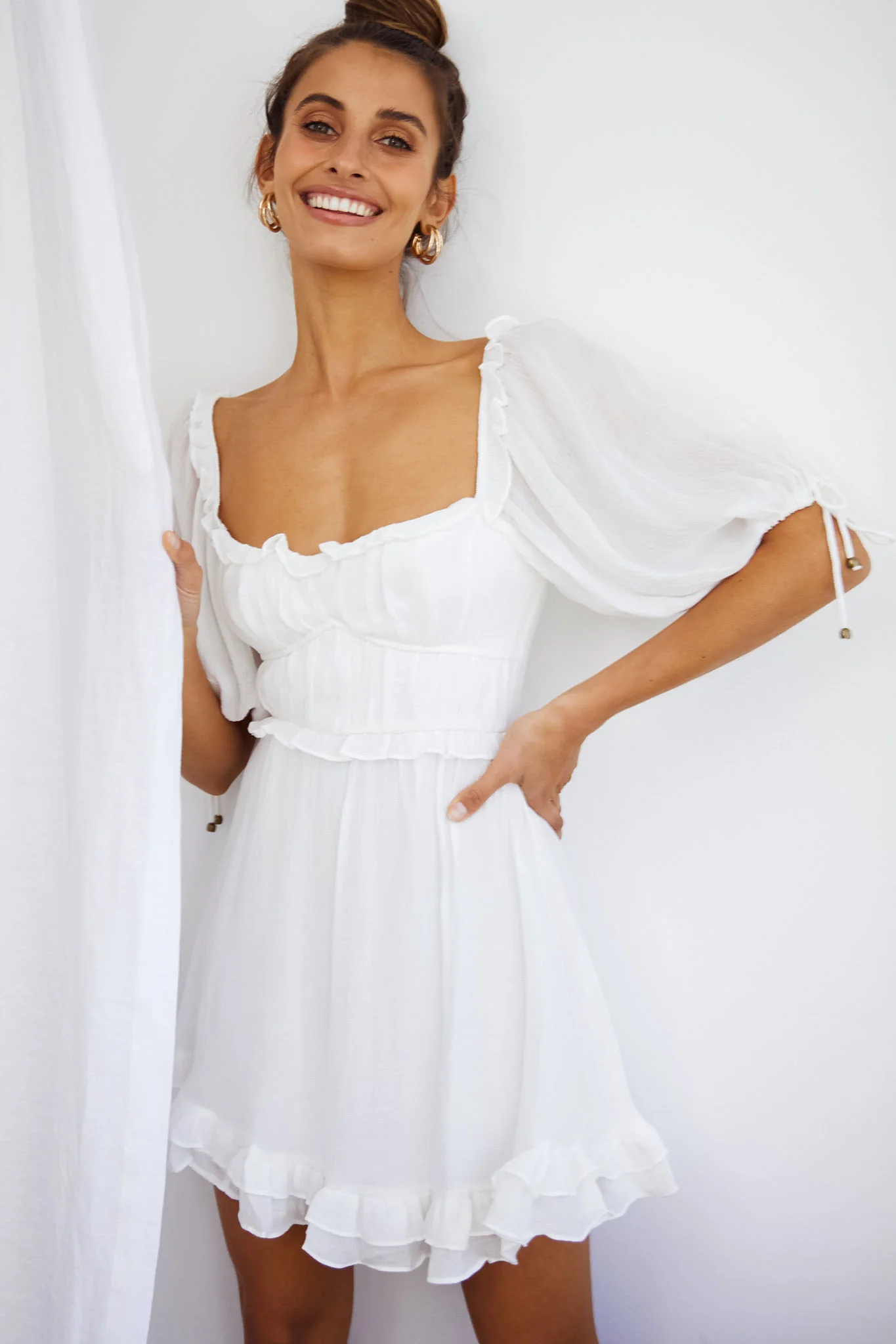 Kirra Puff Sleeve Ruched Bodice Dress White - Sonourner