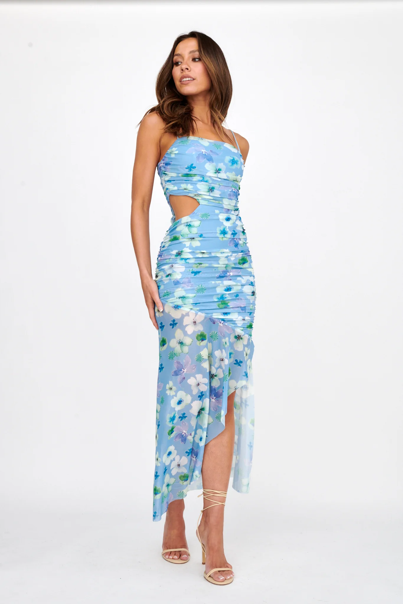 Kindred Soul Ruched Mesh Midi Dress Floral Blue - Sonourner