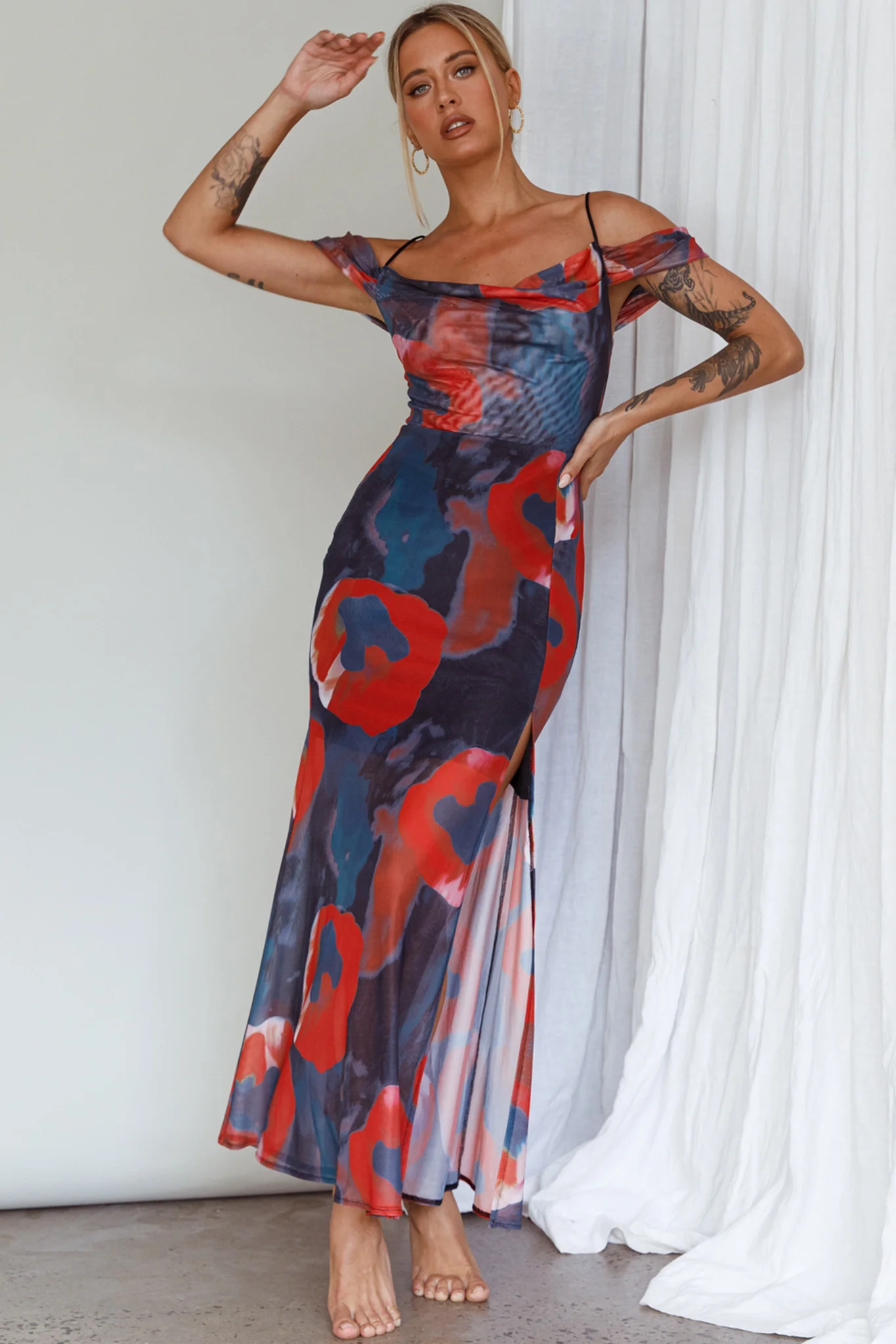 Arcadia Off-Shoulder Sleeve Midi Dress Red - Sonourner