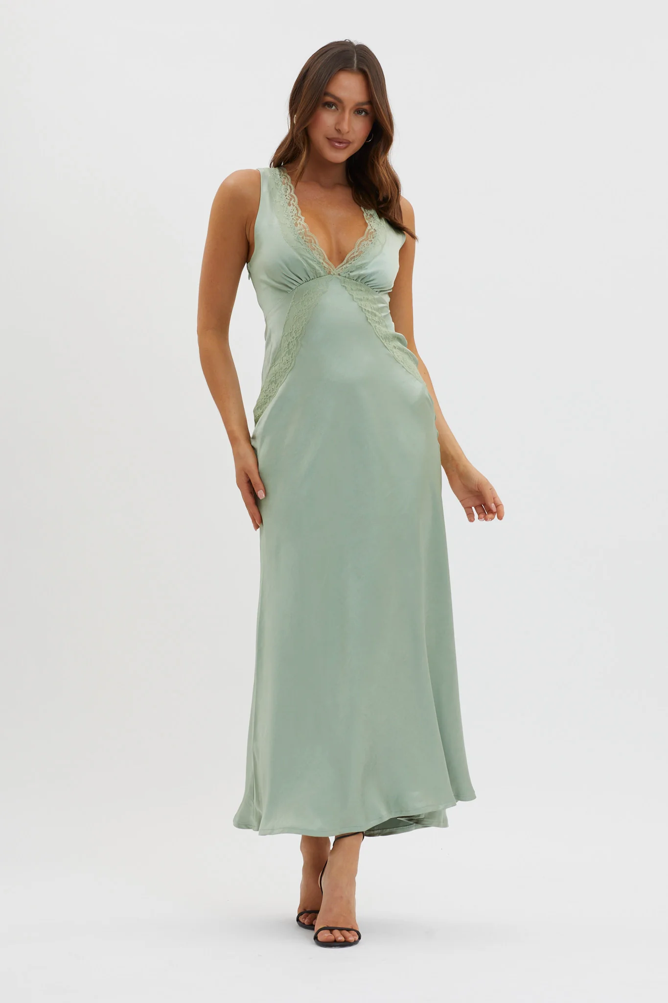 Ivonne Lace Trim V-Neck Maxi Dress Sage - Sonourner