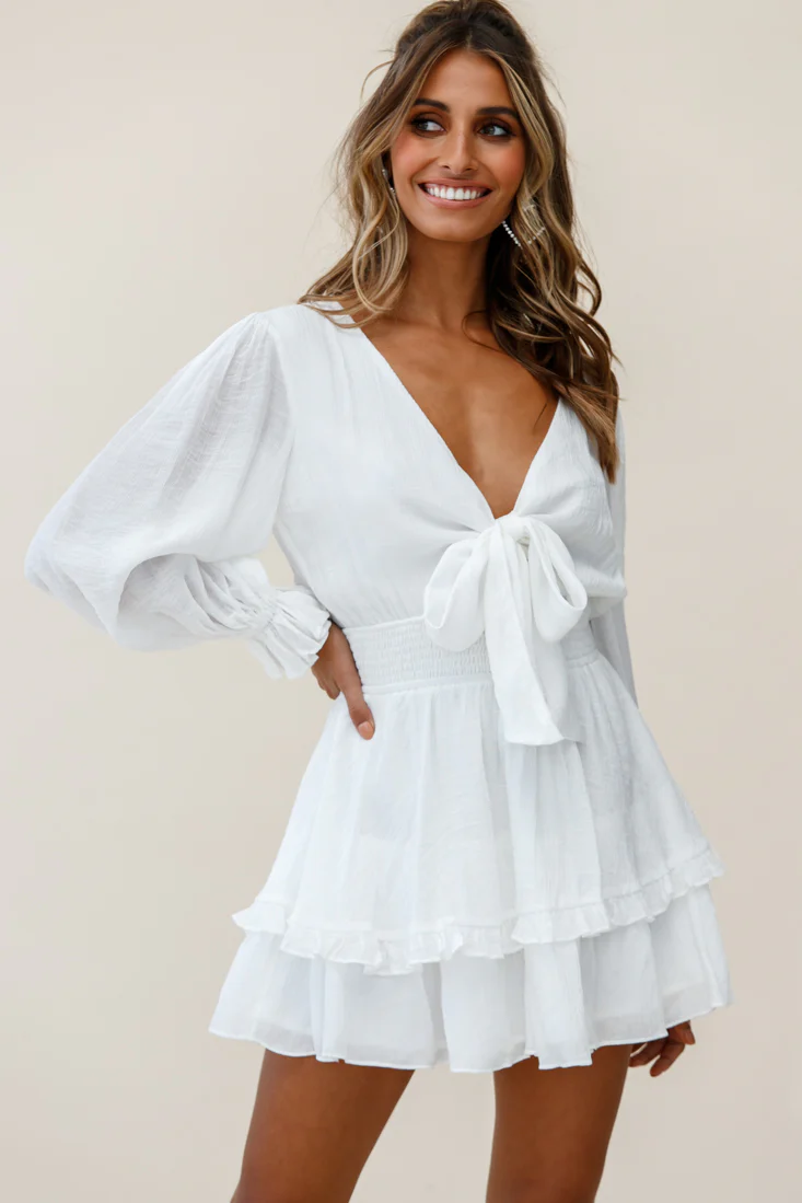 Anthea Bow-Tie Front Layered Frill Dress White - Sonourner