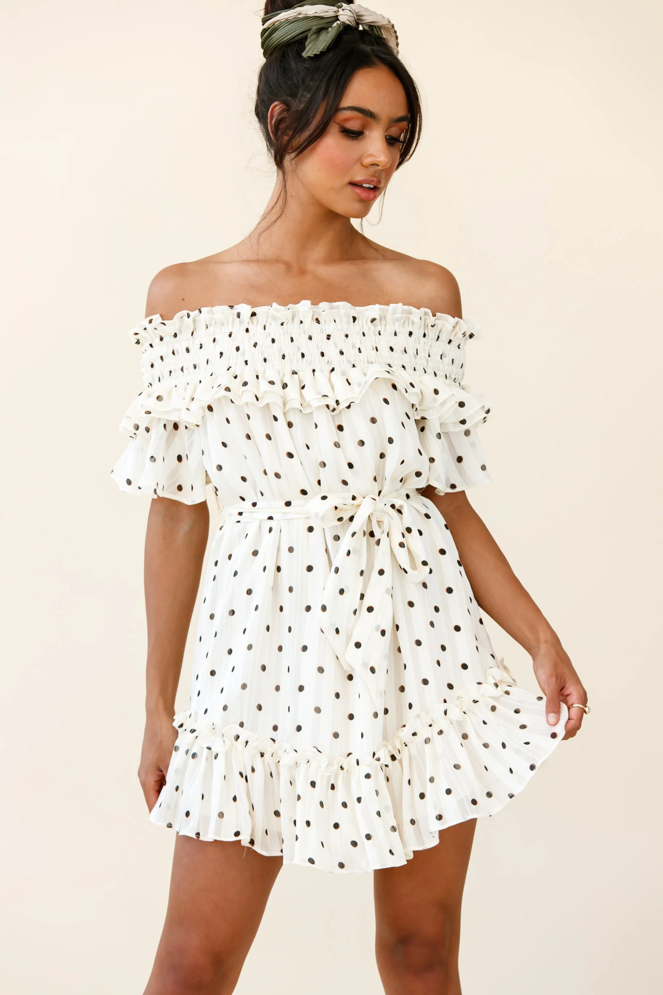 Rita Shirred Off-Shoulder Dress Polka Dot Print White - Sonourner
