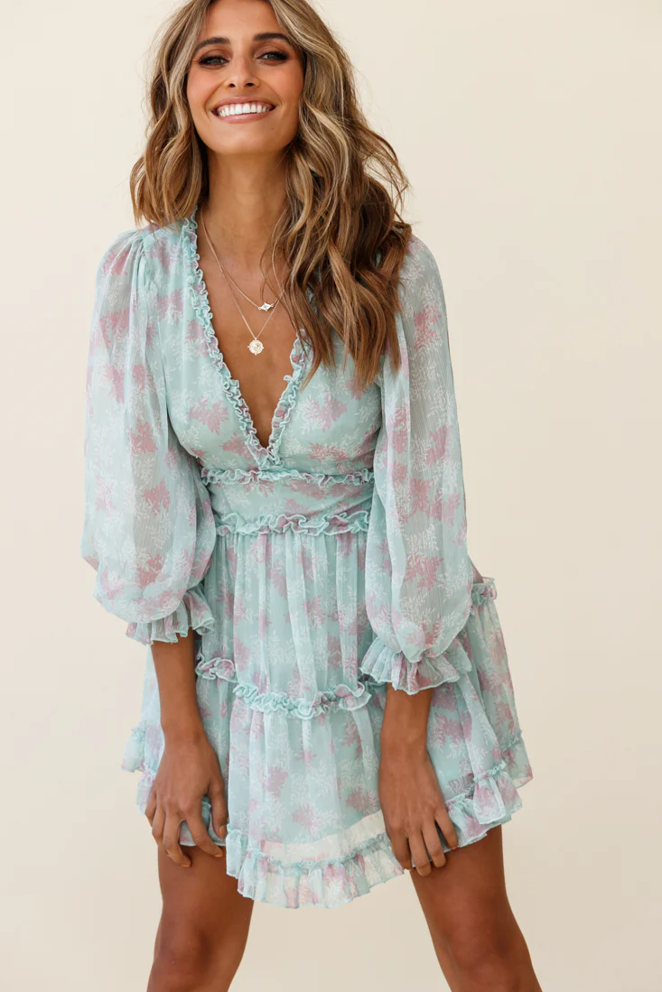 Laney Cutout Back Ruffle Trim Dress Leaves Print Mint - Sonourner