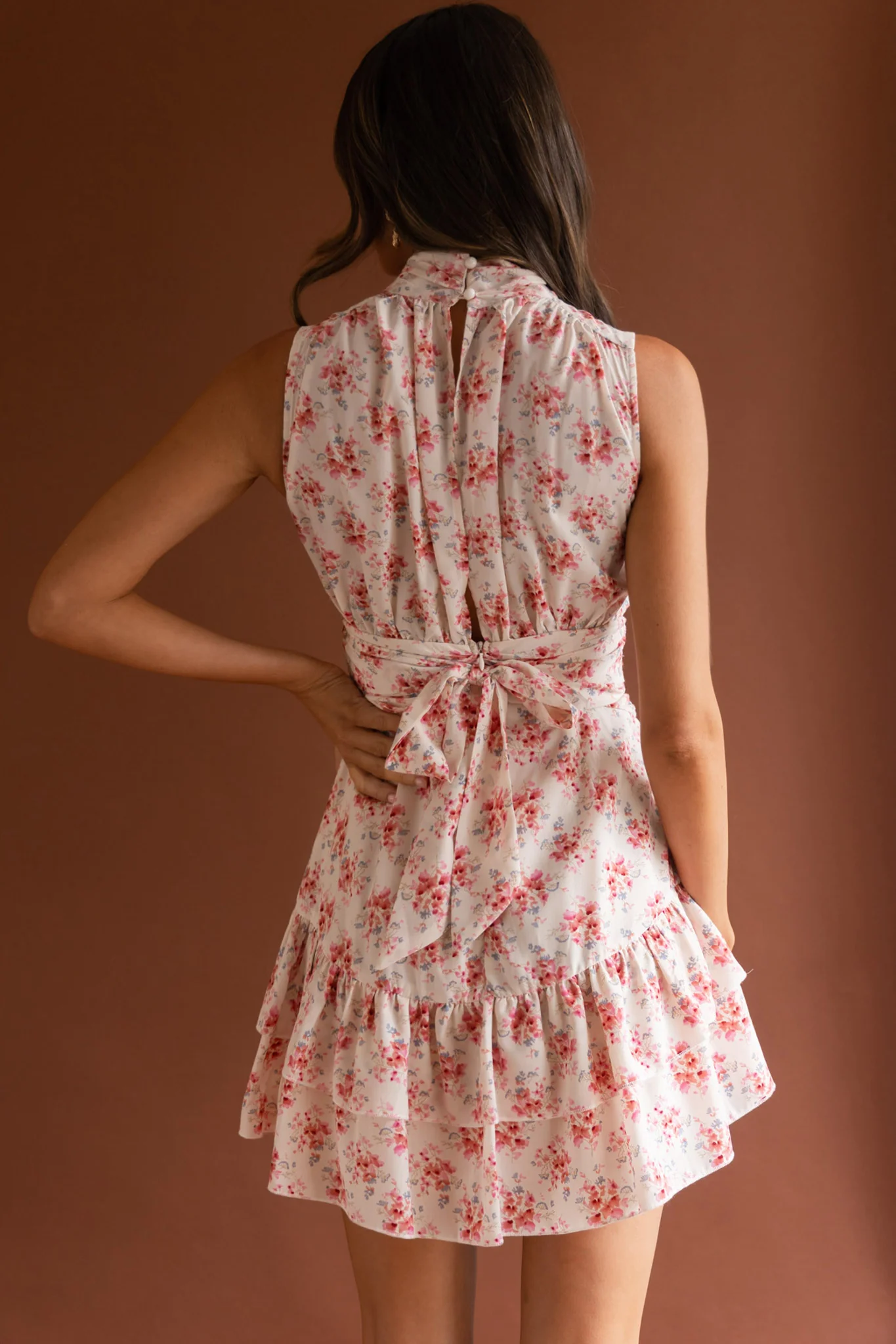 Mandalay High Neck Sleeveless Waistband Dress Vintage Floral Pink - Sonourner