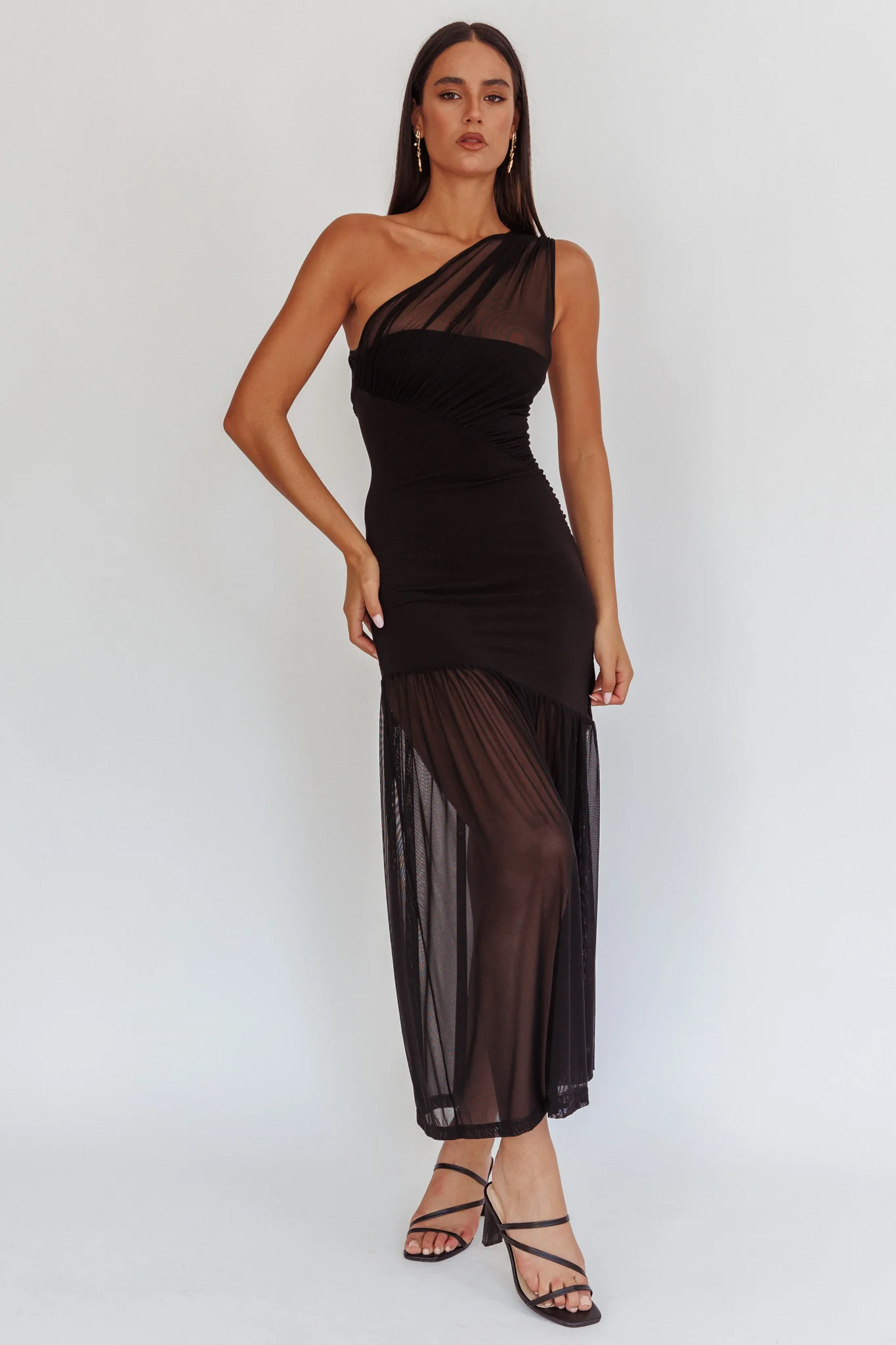 Passion One-Shoulder Mesh Maxi Dress Black - Sonourner