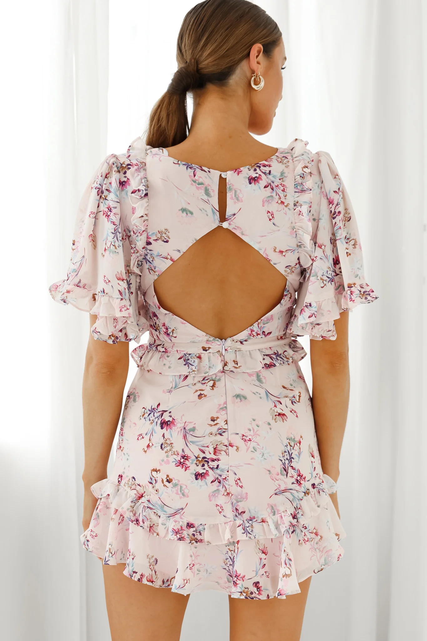 My Belle Cut-Out Detail Frill Accent Dress Floral Print Pink - Sonourner
