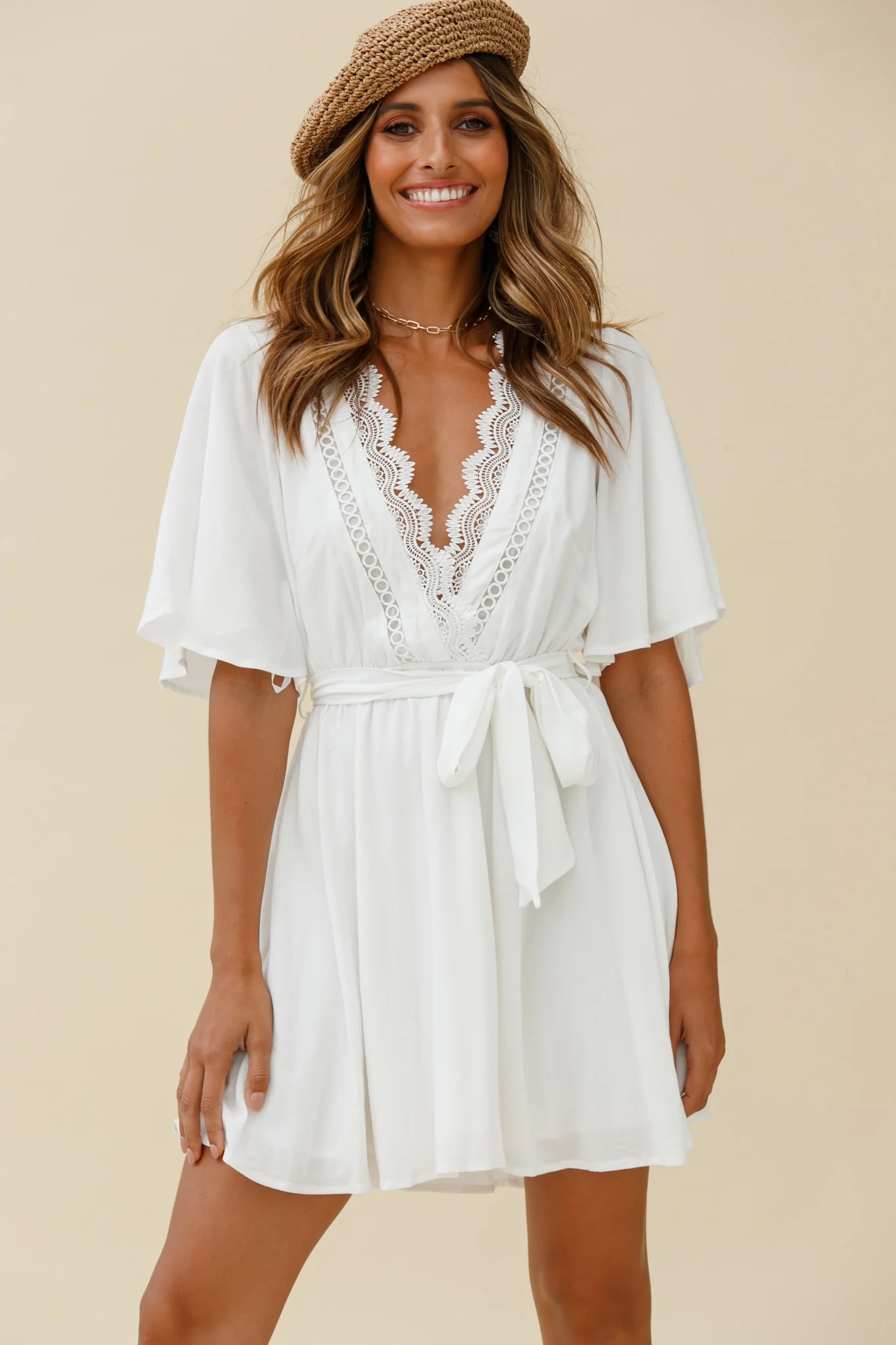Angela Lace-Trimmed Bust Angel Sleeve Dress White - Sonourner