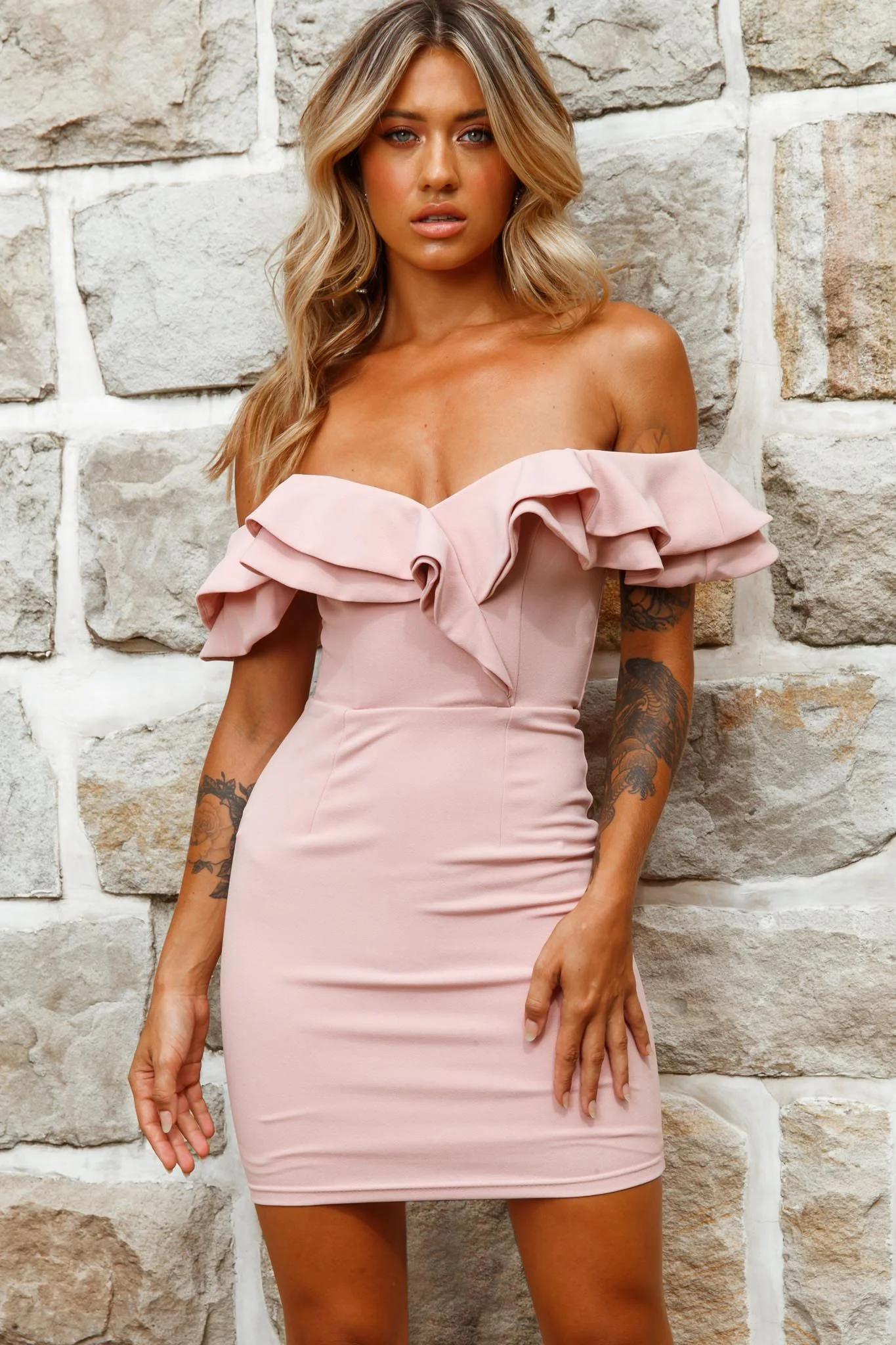 Rossi Off-Shoulder Double Ruffle Dress Blush - Sonourner