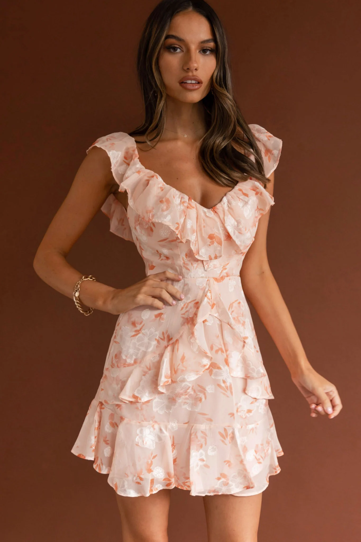 Flower Child Frill V-Neckline Dress Floral Blush - Sonourner