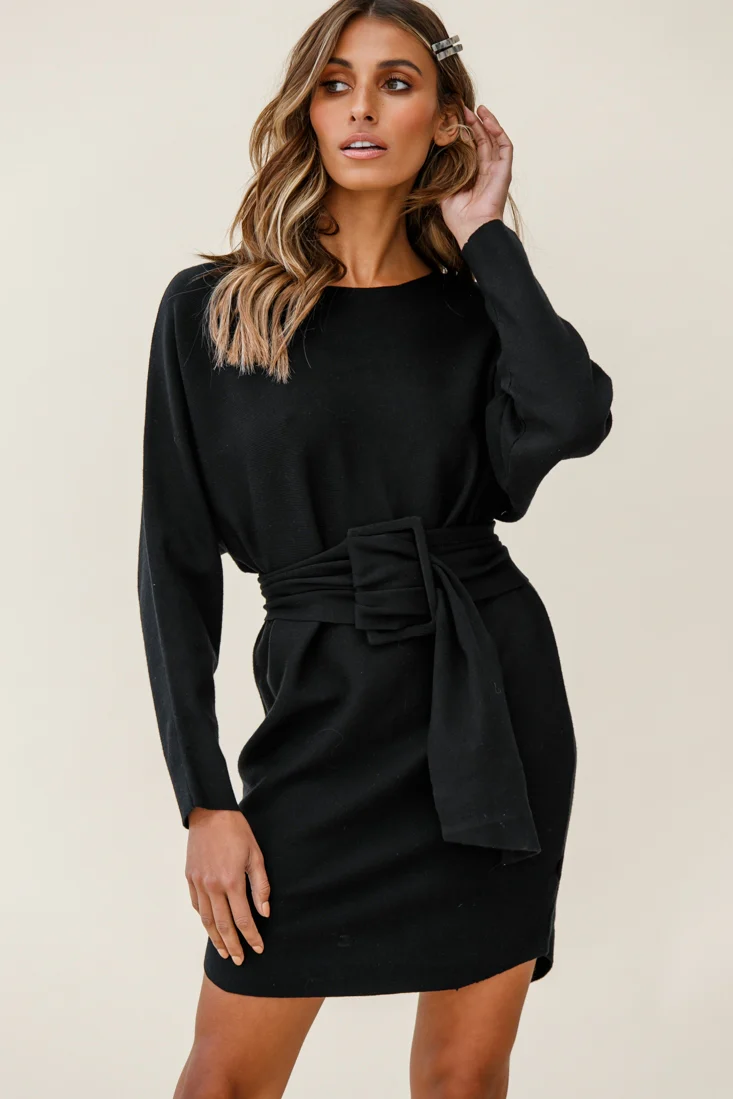 Lorelei Long Sleeve Wide Belt Knit Dress Black - Sonourner