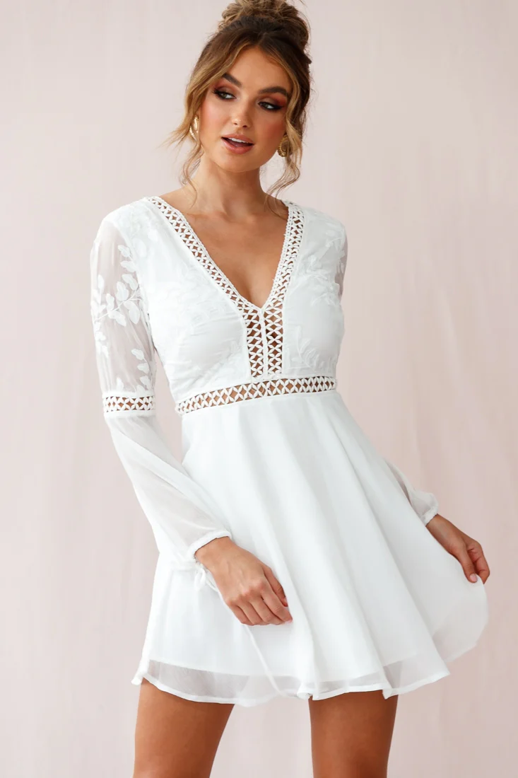 Carson Crochet Bell Sleeve Dress White - Sonourner