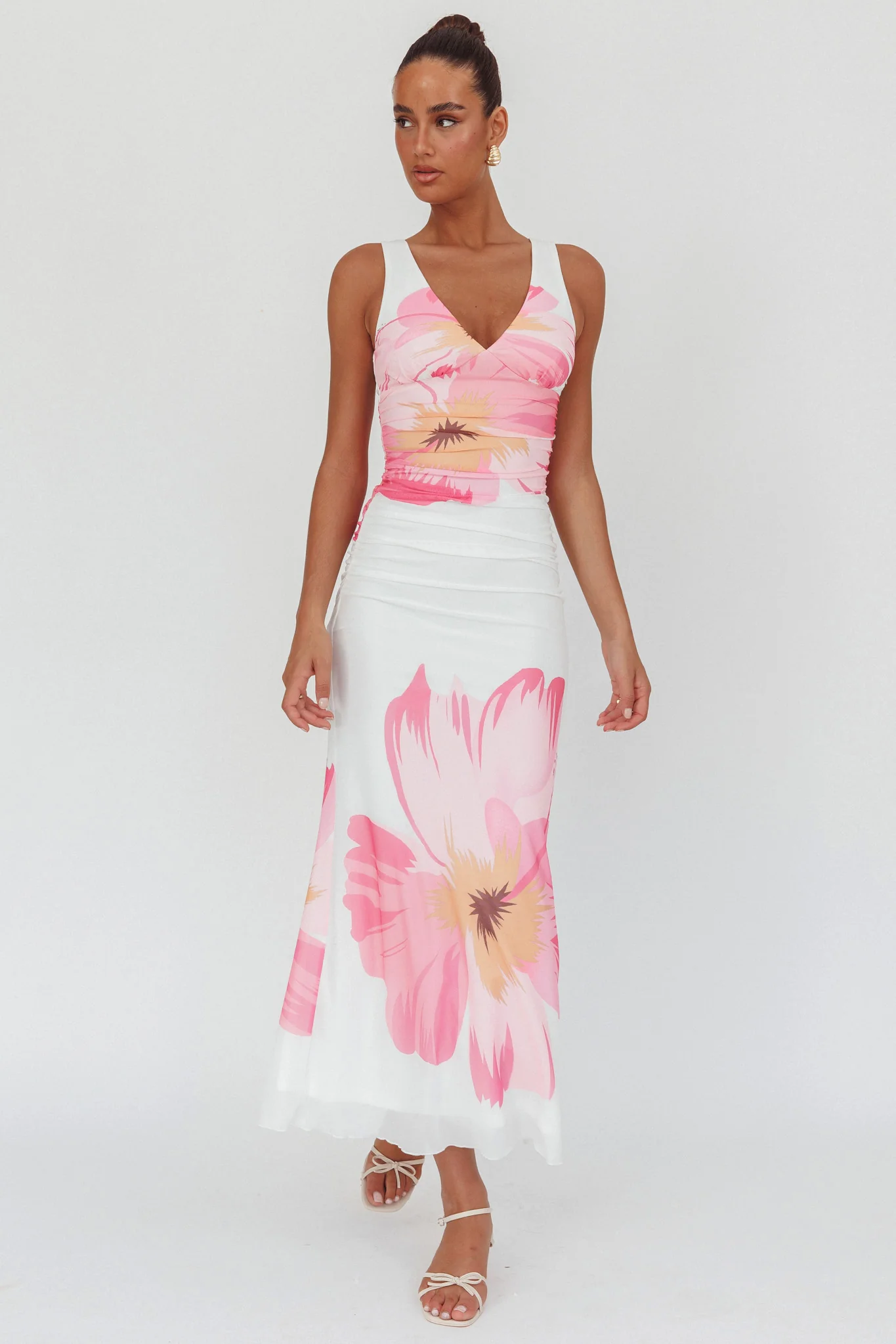 Oliana V-Neck Mesh Maxi Dress Hibiscus White/Pink - Sonourner