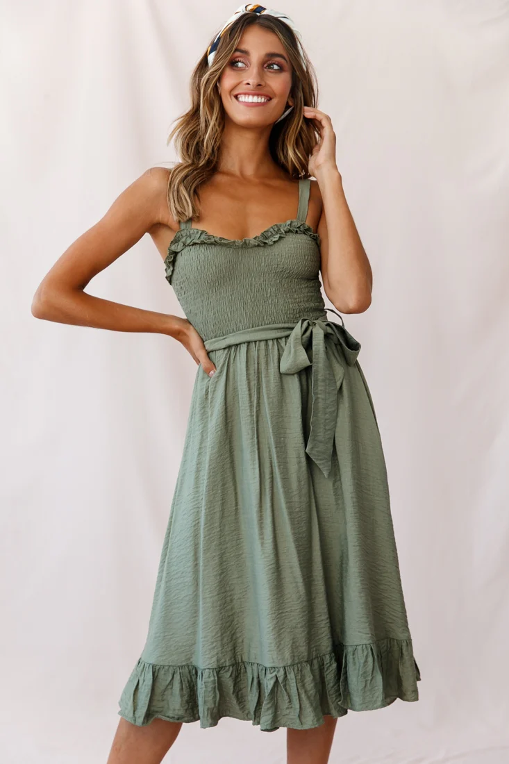 Honey Shirred Frill Midi Dress Olive - Sonourner
