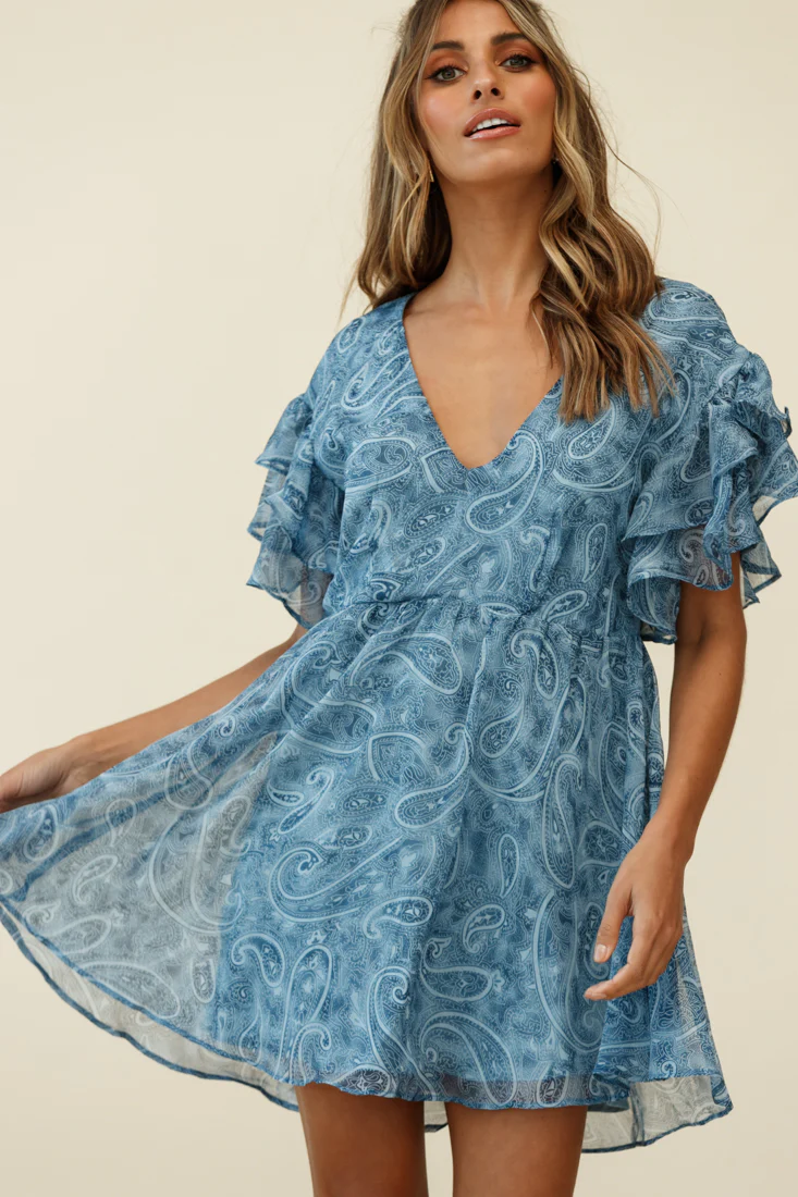 Here And Now Layered Ruffle Sleeve Loose Fit Dress Paisley Print Navy - Sonourner