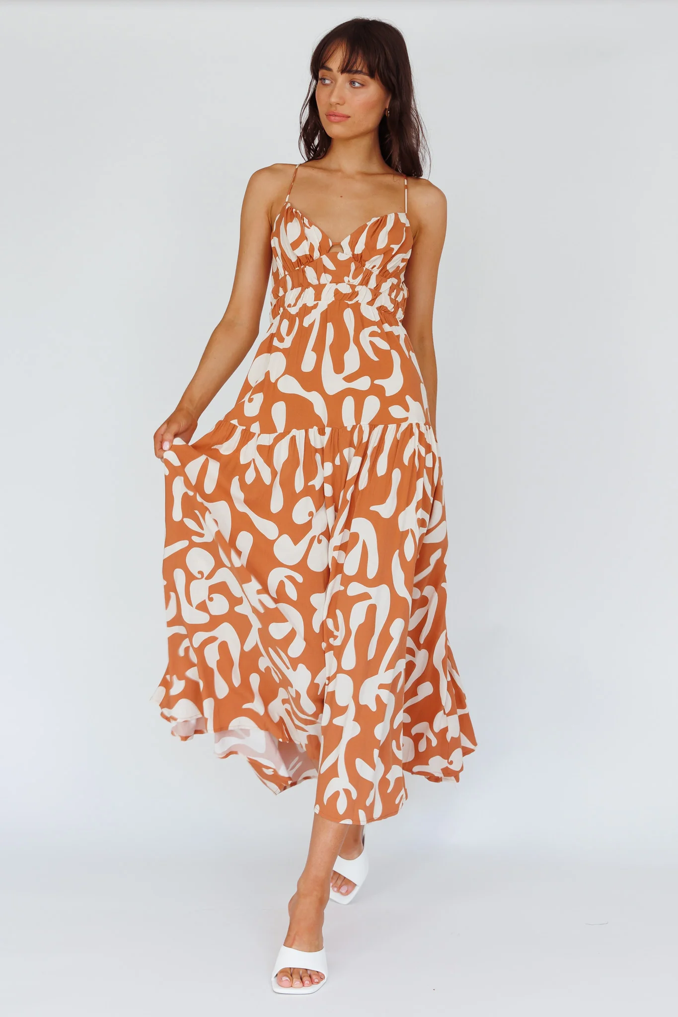 Tiffi Cami Strap Midi Dress Floral Brown - Sonourner