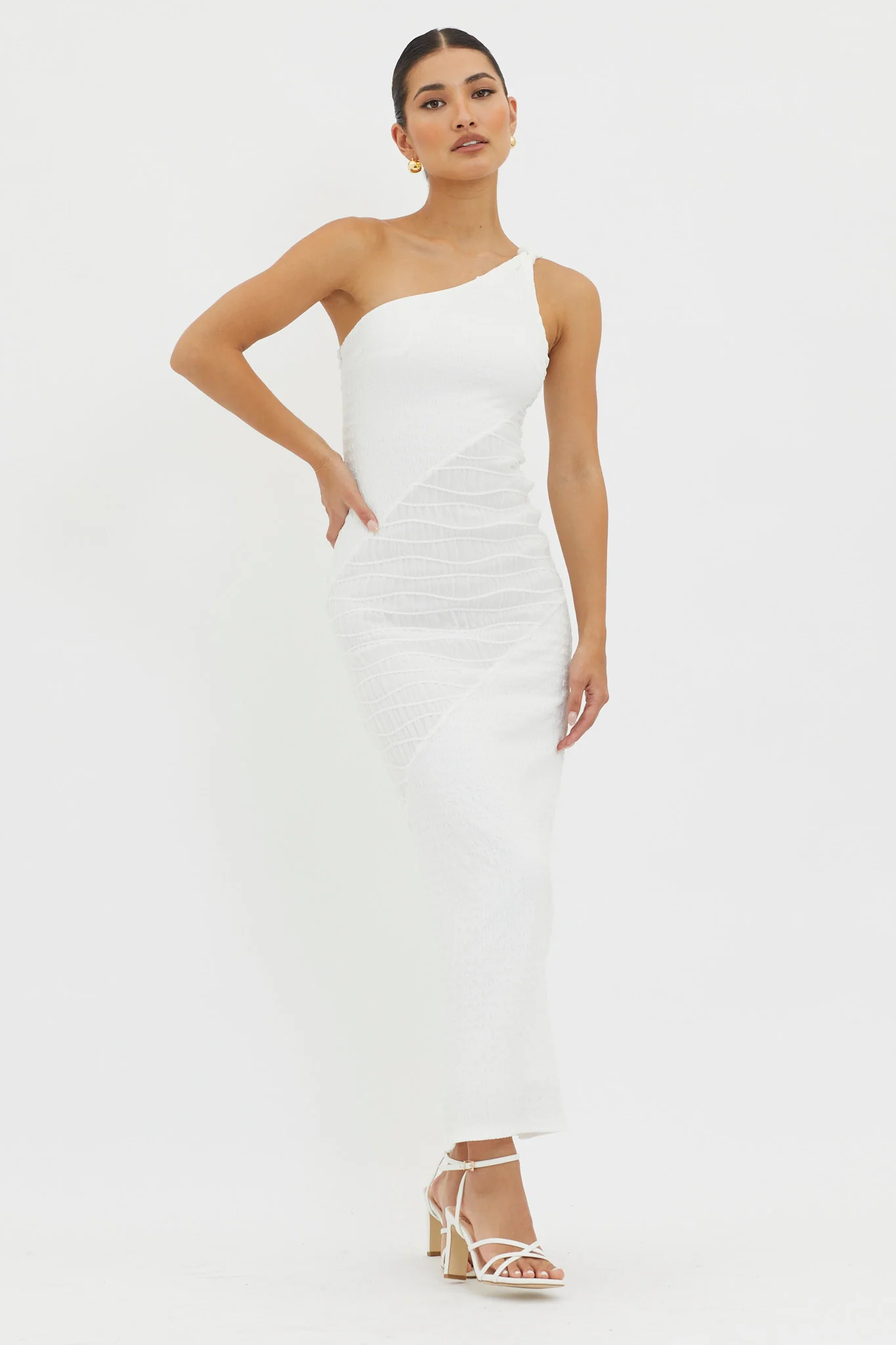 Clean Slate One-Shoulder Smocked Midi Dress White - Sonourner