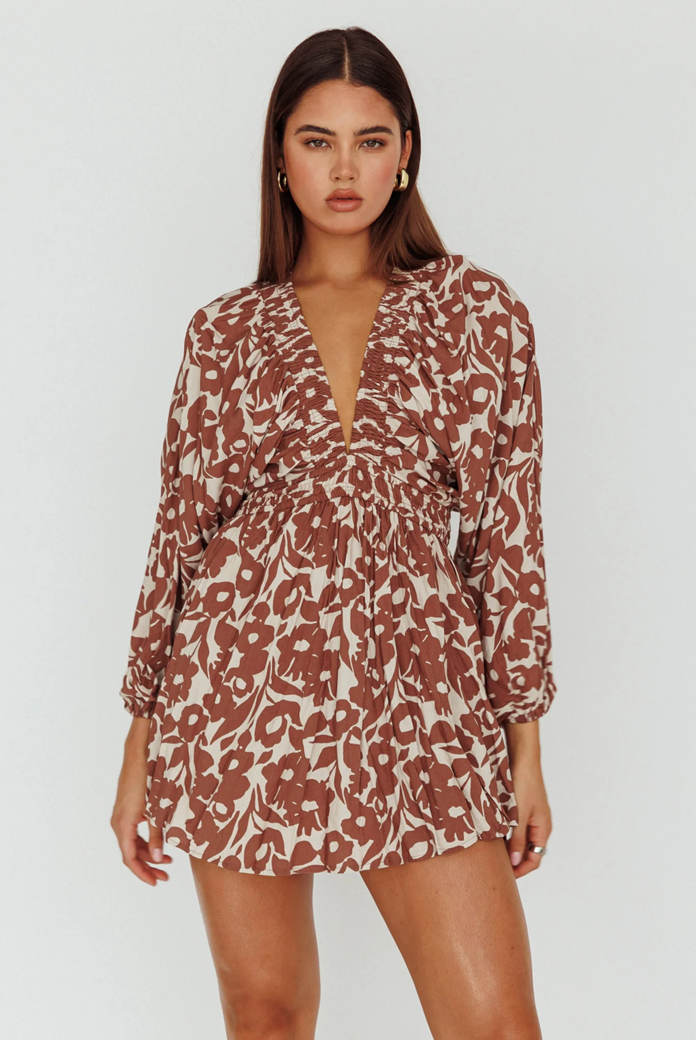 Going Your Way Long Sleeve Mini Dress Floral Brown - Sonourner
