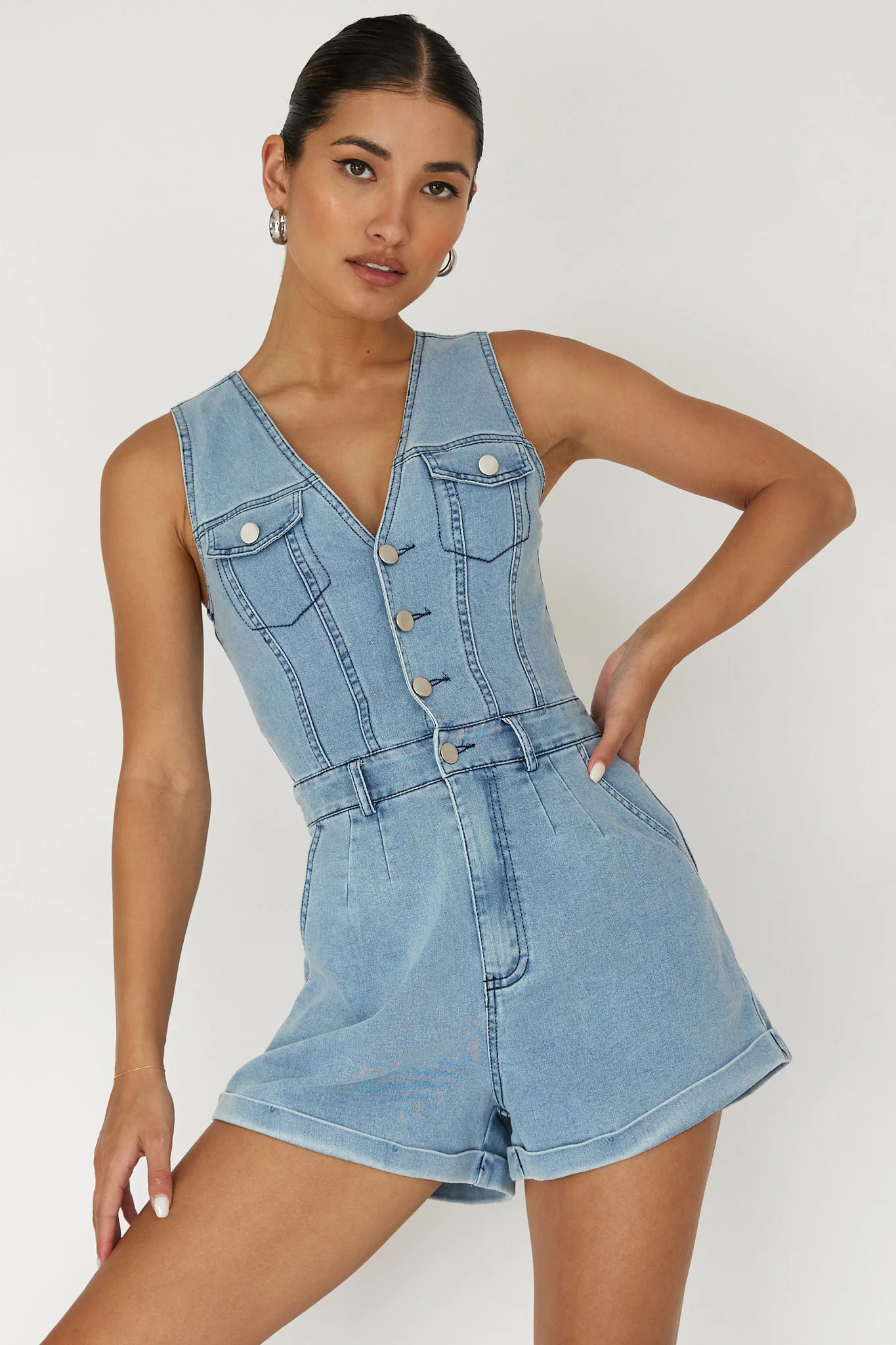 Jazelle Button Front Romper Denim - Sonourner