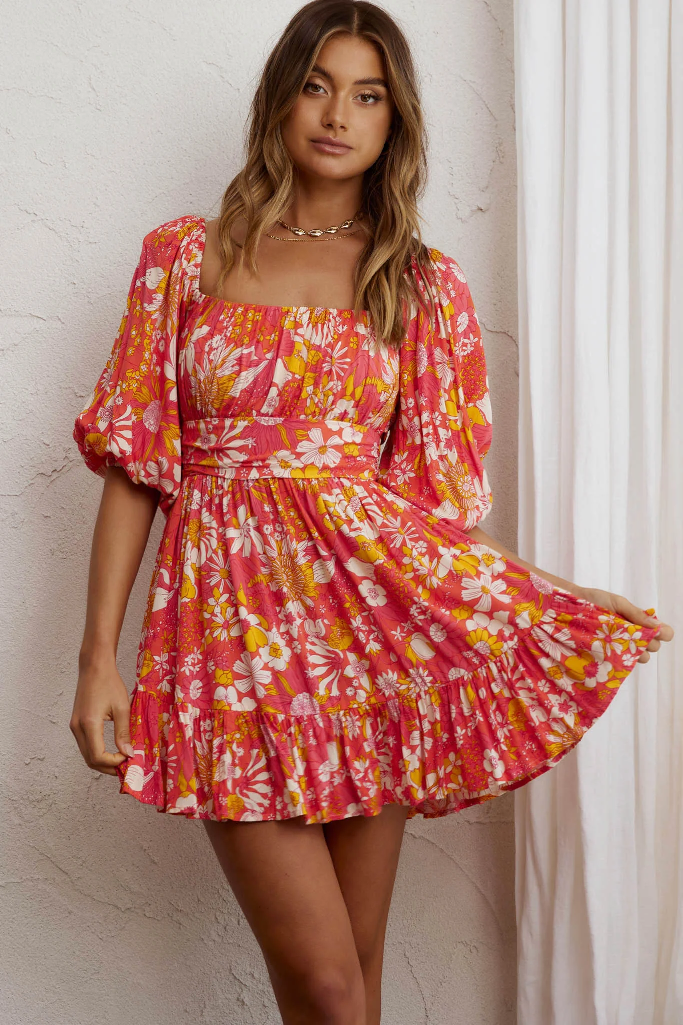 Abby Off-Shoulder Tie-Up Back Dress Retro Floral Orange - Sonourner