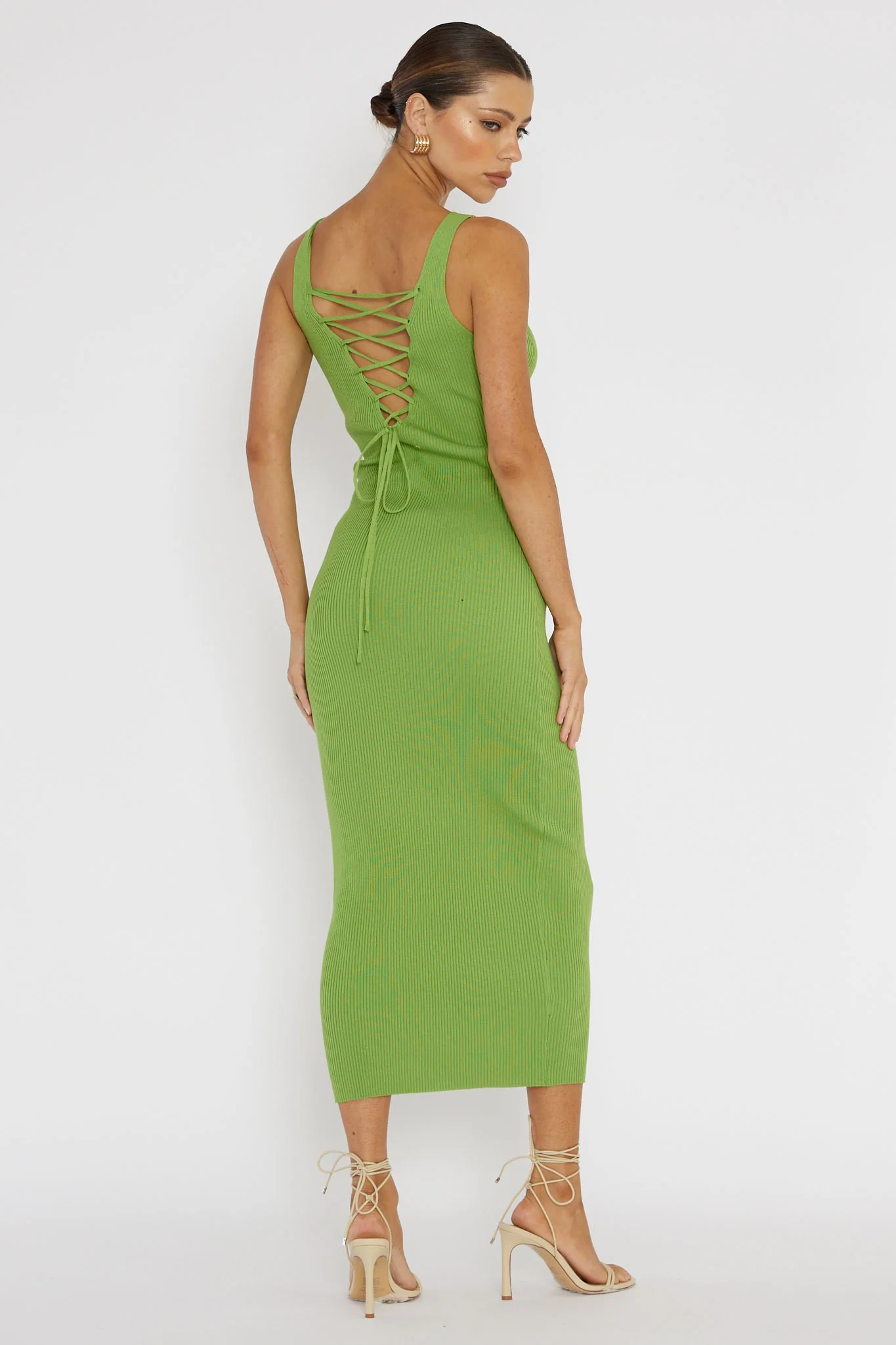 Linzi Lace-Up Back Knit Midi Dress Green - Sonourner