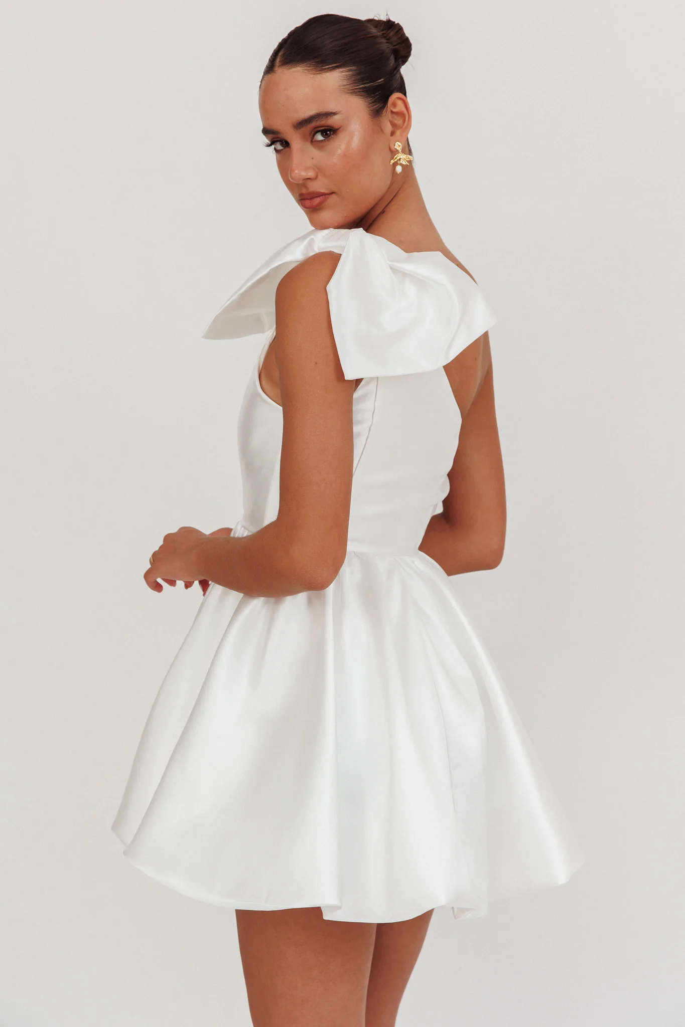 Athens Shoulder Bow Bubble Hem Mini Dress Off White - Sonourner