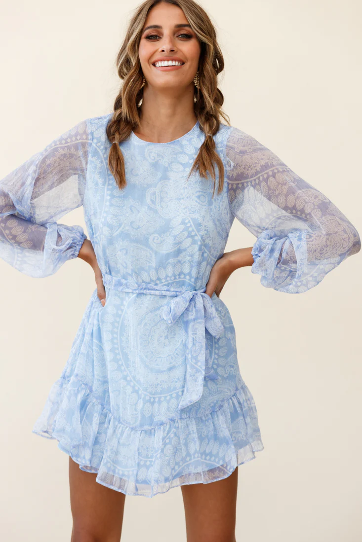 Always & Forever Long Balloon Sleeve Crew Neck Dress Paisley Print Blue - Sonourner