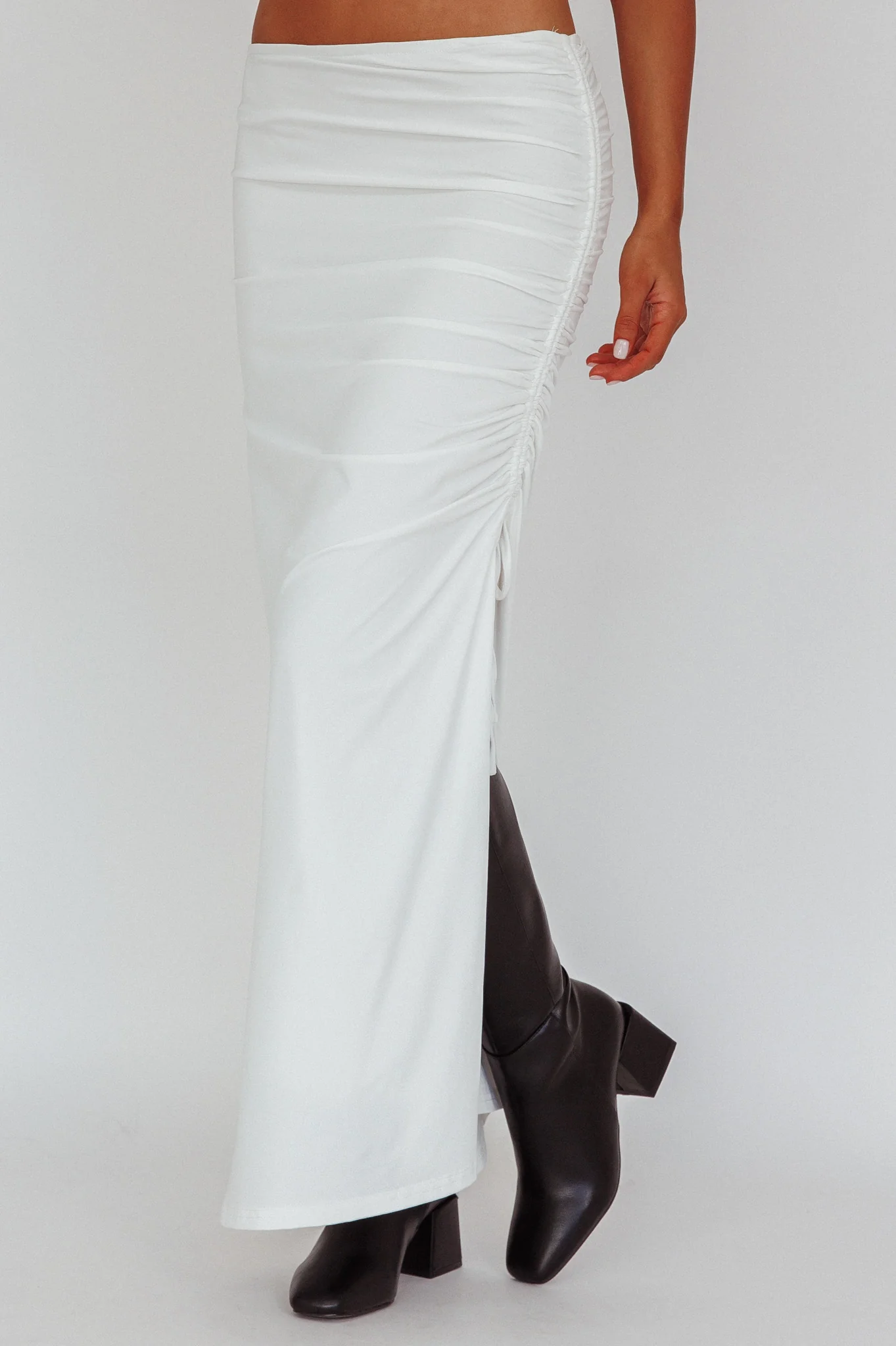 Headliner Ruched Side Maxi Skirt White - Sonourner