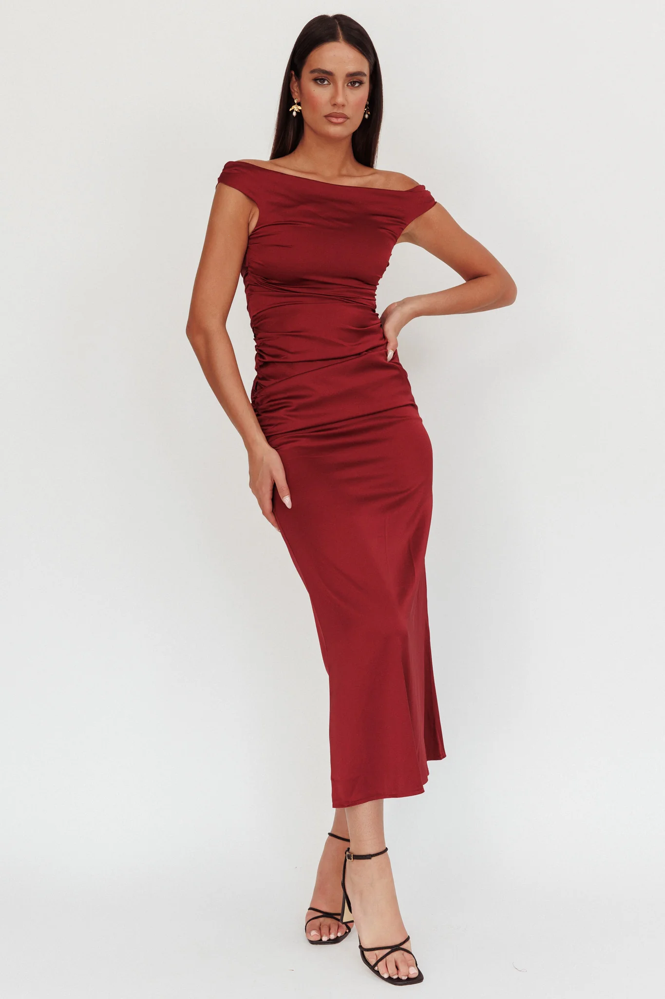 In Blooms Off Shoulder Satin Maxi Dress Wine - Sonourner