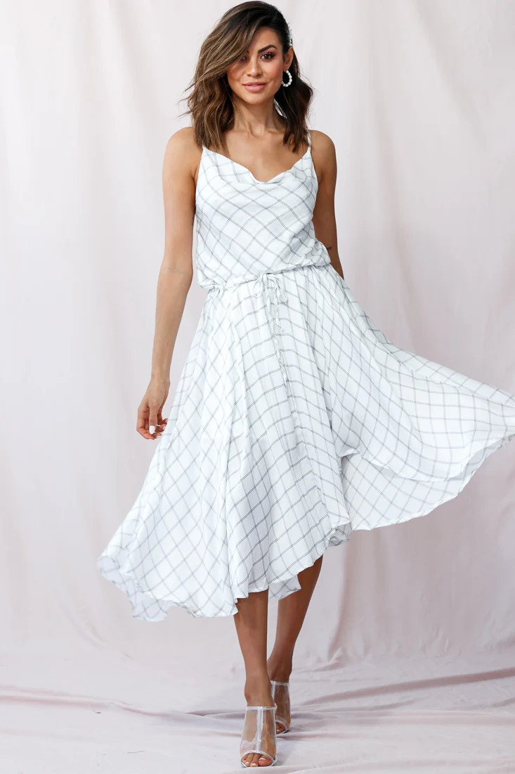 Ava Cowl Neck Drawstring Midi Dress Check Print White - Sonourner