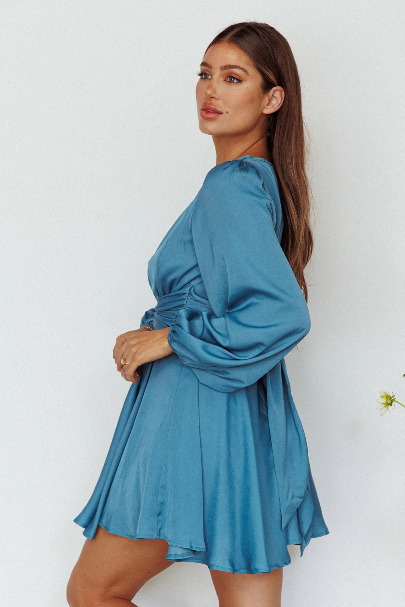 Leia Long Sleeve Waist Tie Mini Dress Teal - Sonourner