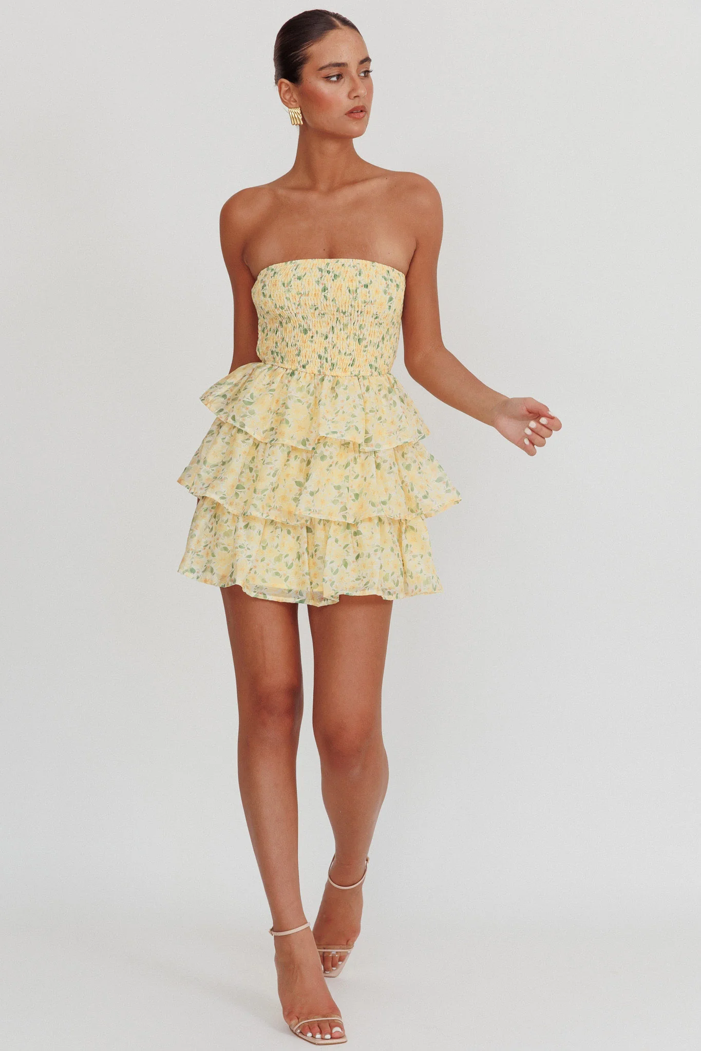Like Angels Shirred Bodice Ruffle Mini Dress Yellow - Sonourner