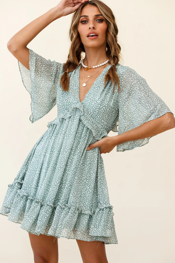 Flissy Angel Sleeve Cut-Out Babydoll Dress Speckle Print Olive - Sonourner