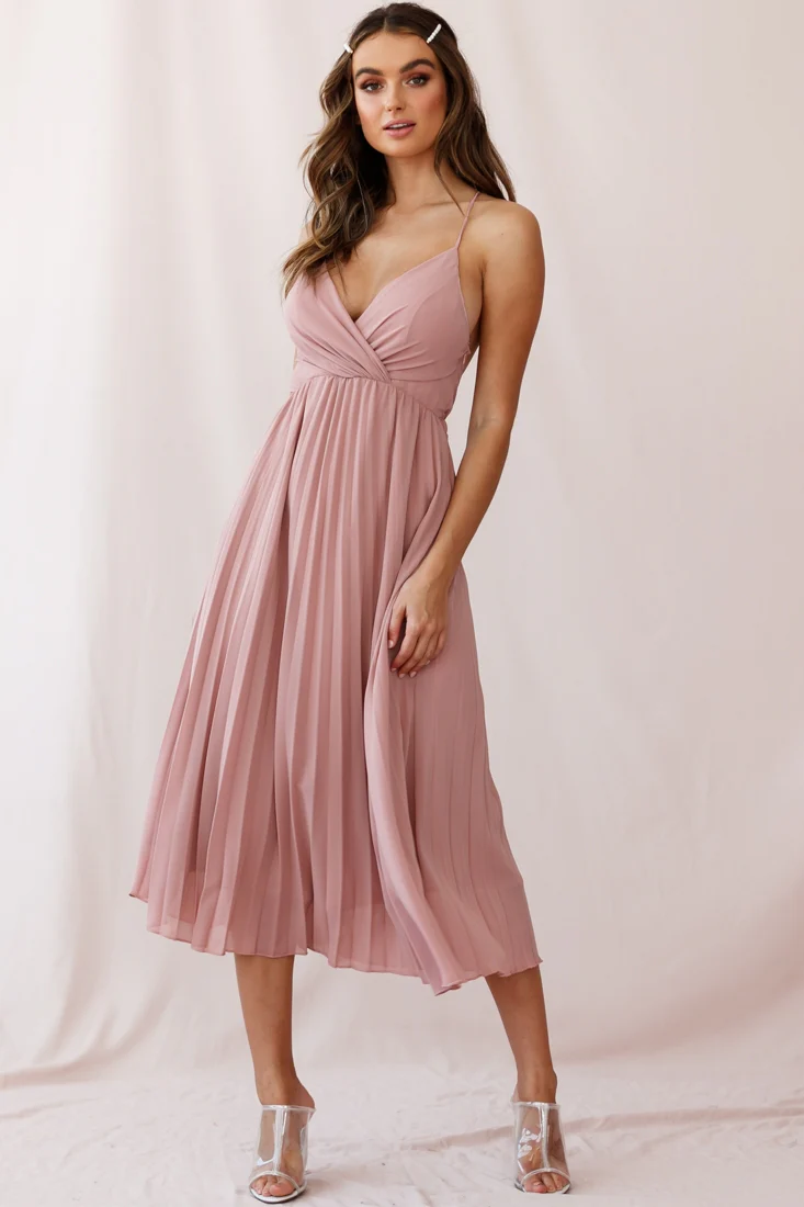 Artemis Accordion Pleat Strappy Back Midi Dress Blush - Sonourner