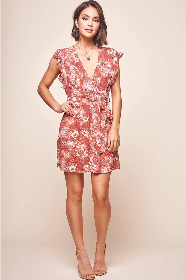 Francesca Ruffle Sleeve Wrap Dress Rust - Sonourner